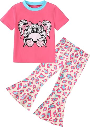 CARETOO Girls Summer Outfit Poster Girl Matching Sister 2pcs Sets Printed t-Shirt + Flare Leg Pants For 3-10 Years