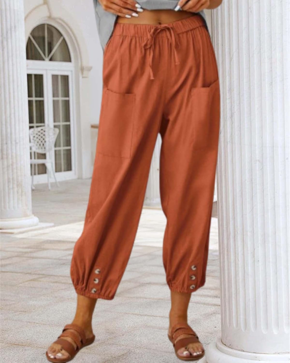 Cotton Linen Capri Pants for Women Summer Casual Plus Size High Waist Elastic Drawstring Button Trouser with Pockets - Image 3