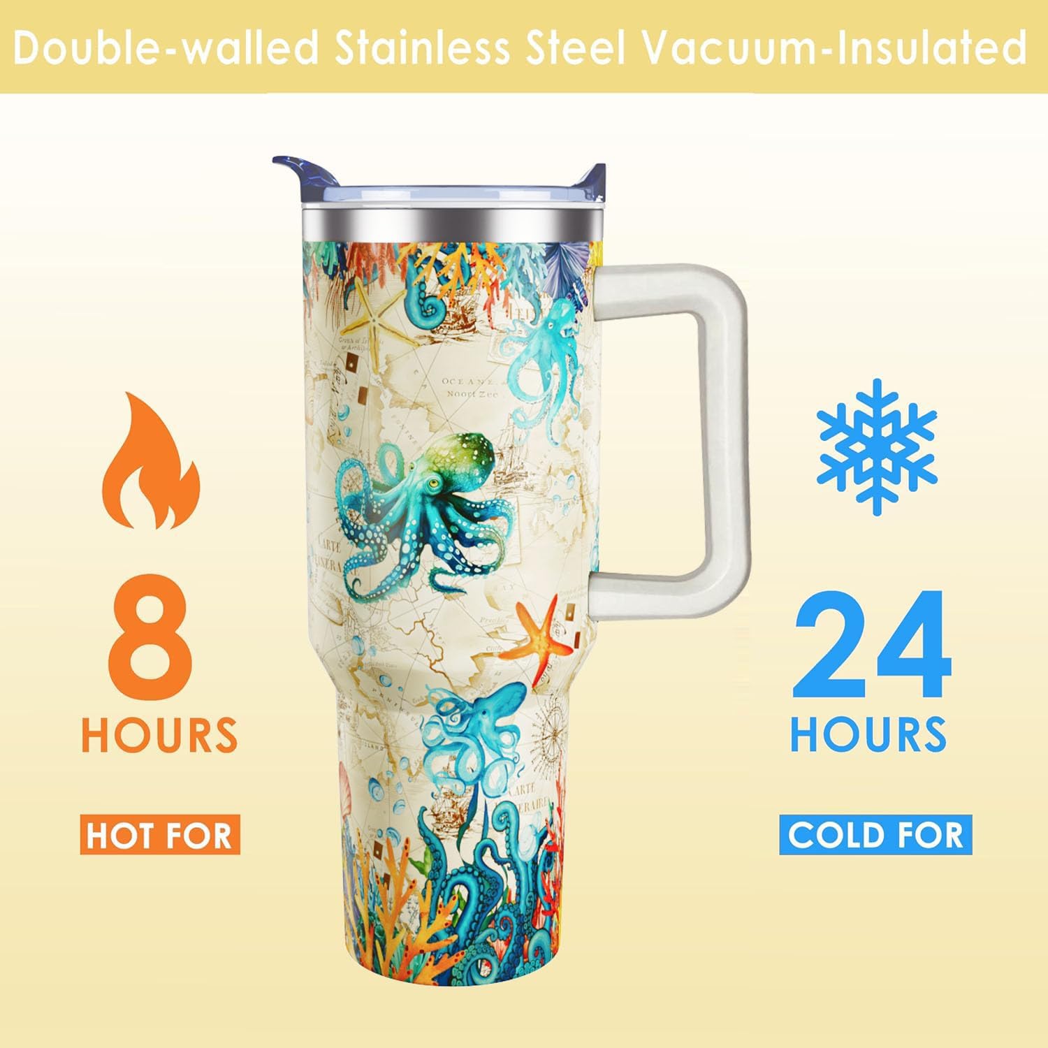 40 Oz Octopus Theme Tumbler With Handle Lid Straw Double Insulated Travel Coffee Ocean Mug Womens Octopus Cup Gifts - Image 6