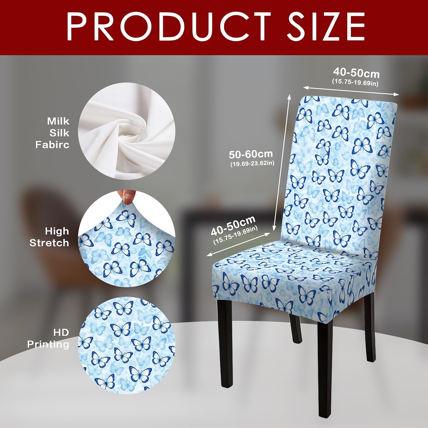 Nuxovilar Dining Chair Covers Blue Butterfly Watercolor Pattern Milk Silk 23.6x66.9 Inches Dining Chair Covers Set Decorative Cover for Room Kitchen Event Home