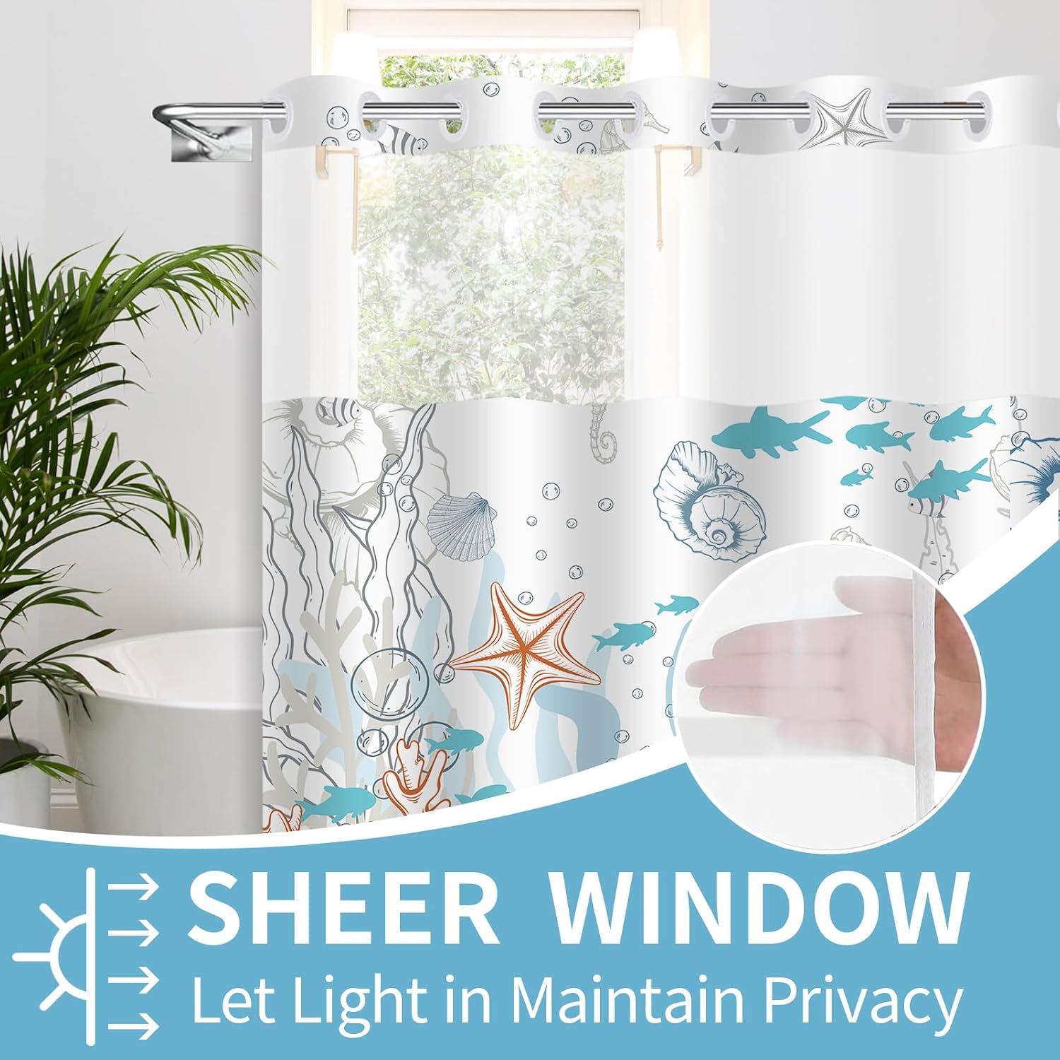 Sea World No Hook Shower Curtain with Buckle Lining Orange Shell Beach Shower Curtain,with See Through Mesh Top Window,71"x 74"in