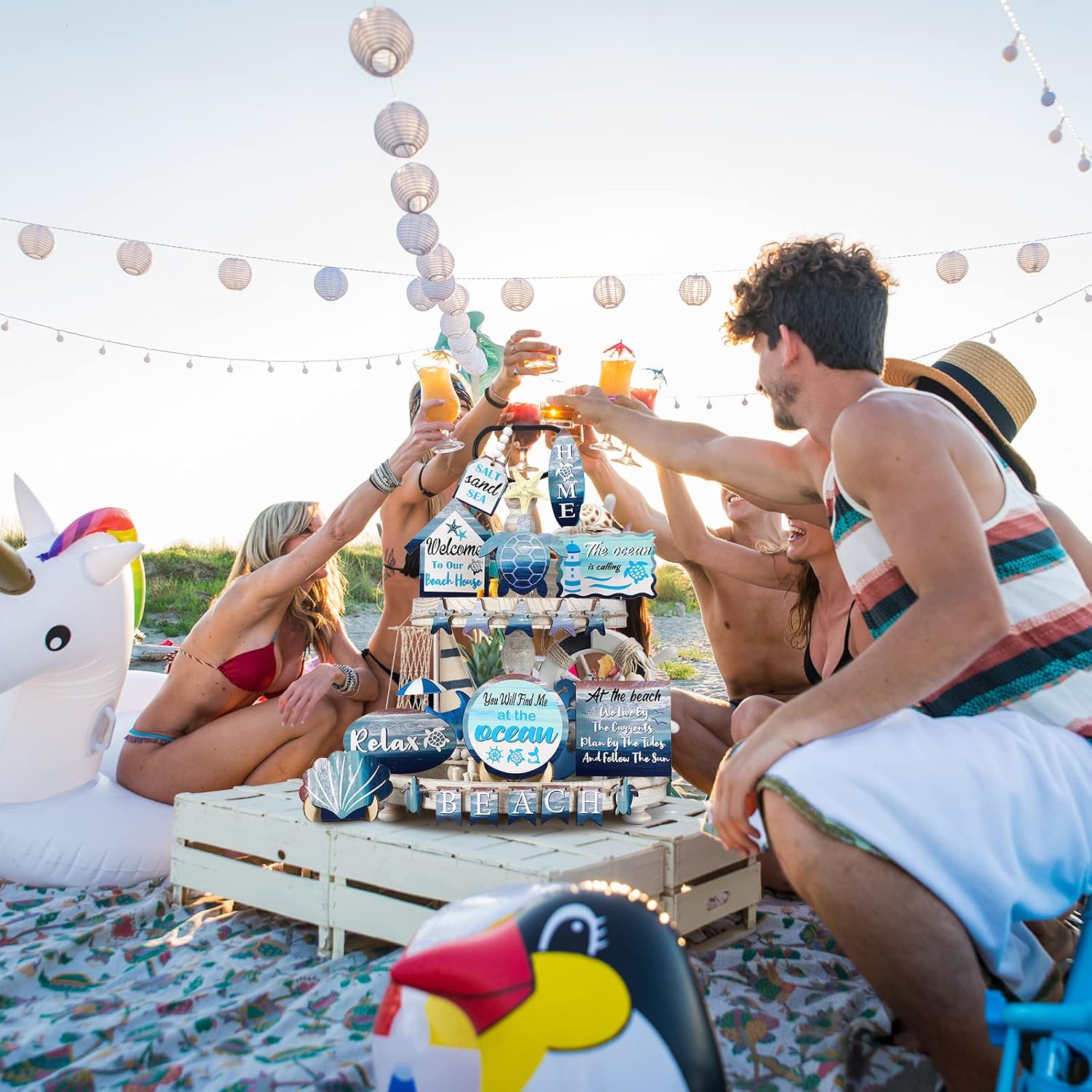 Maitys 21 Pcs Summer Beach Tiered Tray Decor Set Farmhouse Tray Decor Items Sea Turtle Shell Conch Wood Sign Rustic Beach Table Decoration for Home Kitchen Hawaii Party Holiday Outdoor
