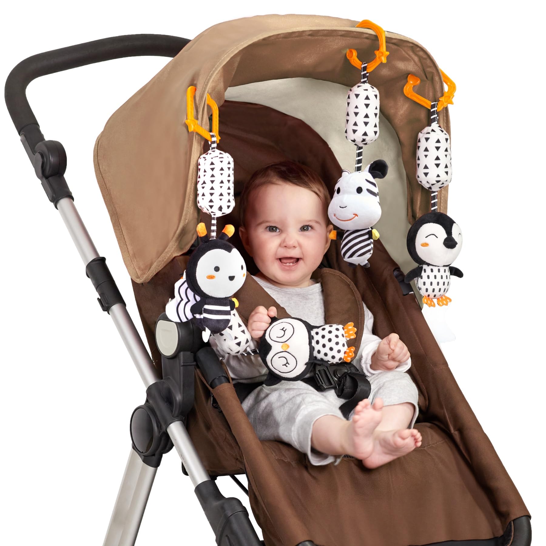 TUMAMA Jouet Poussette Bébé 0 3 6 9 12 Mois, Jouet Hochet À Suspendre pour Berceau Siège Auto - 4 Pièces Animaux Noir Blanc Hochet Cadeau Nouveau-Né Bambin