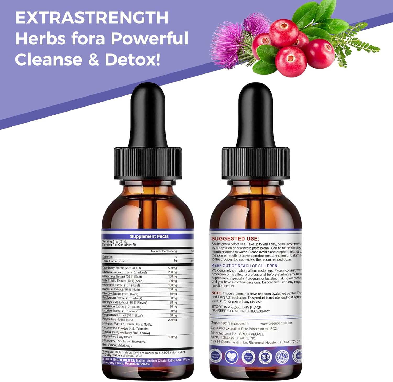 GREENPEOPLE Kidney Cleanse Detox & Repair - 27-In-1 Kidney & Liver Drops with 20:1 Cranberry Extract & Chanca Piedra, Alcohol-Free Supplement for Urinary Tract & Liver Support (2 Oz 1 Pack, Blueberry) - Image 9