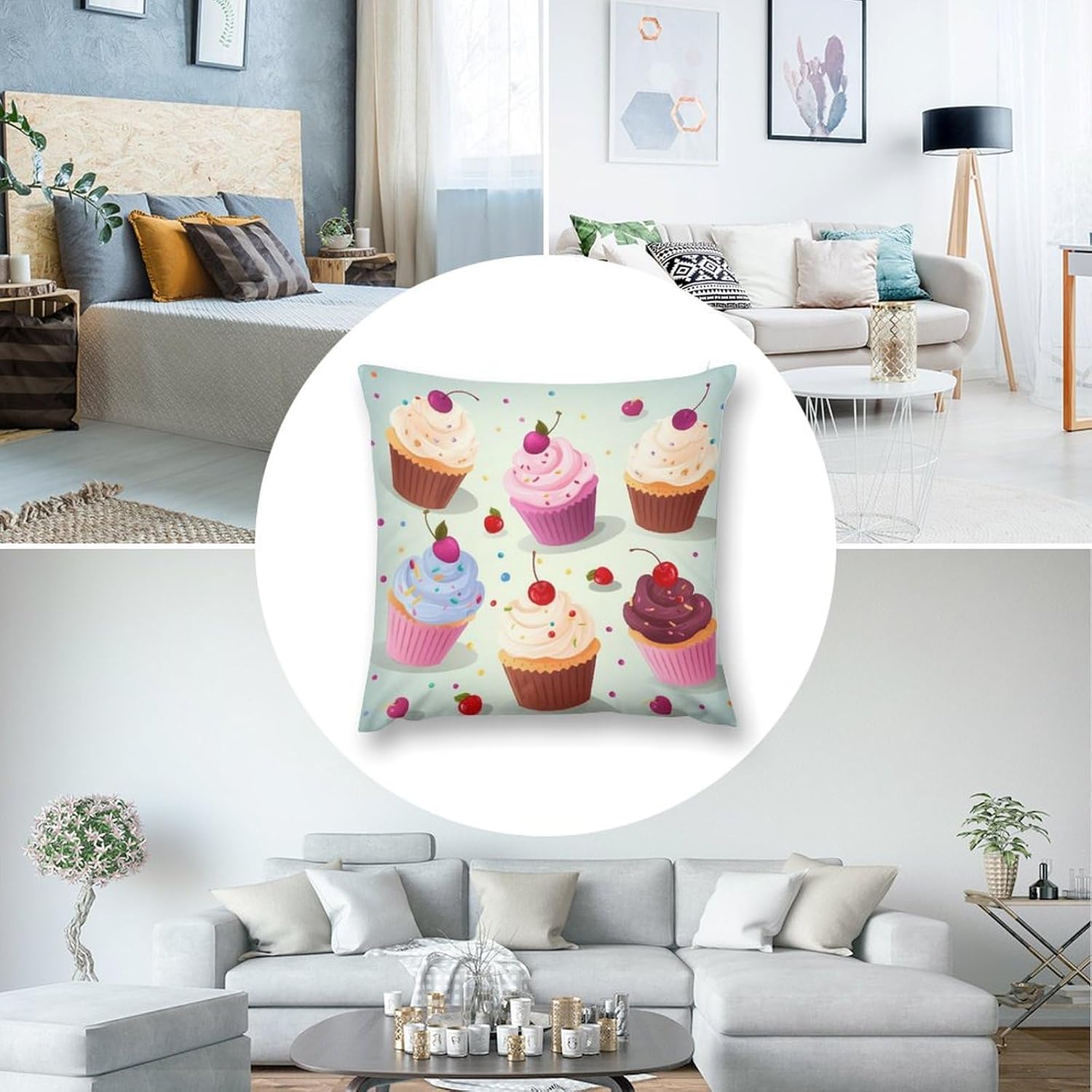 Zippered Pillow Cover, Pillow Protector, Delicious Cupcakes Printed Pillow Cover of 4, Pillow Not Included