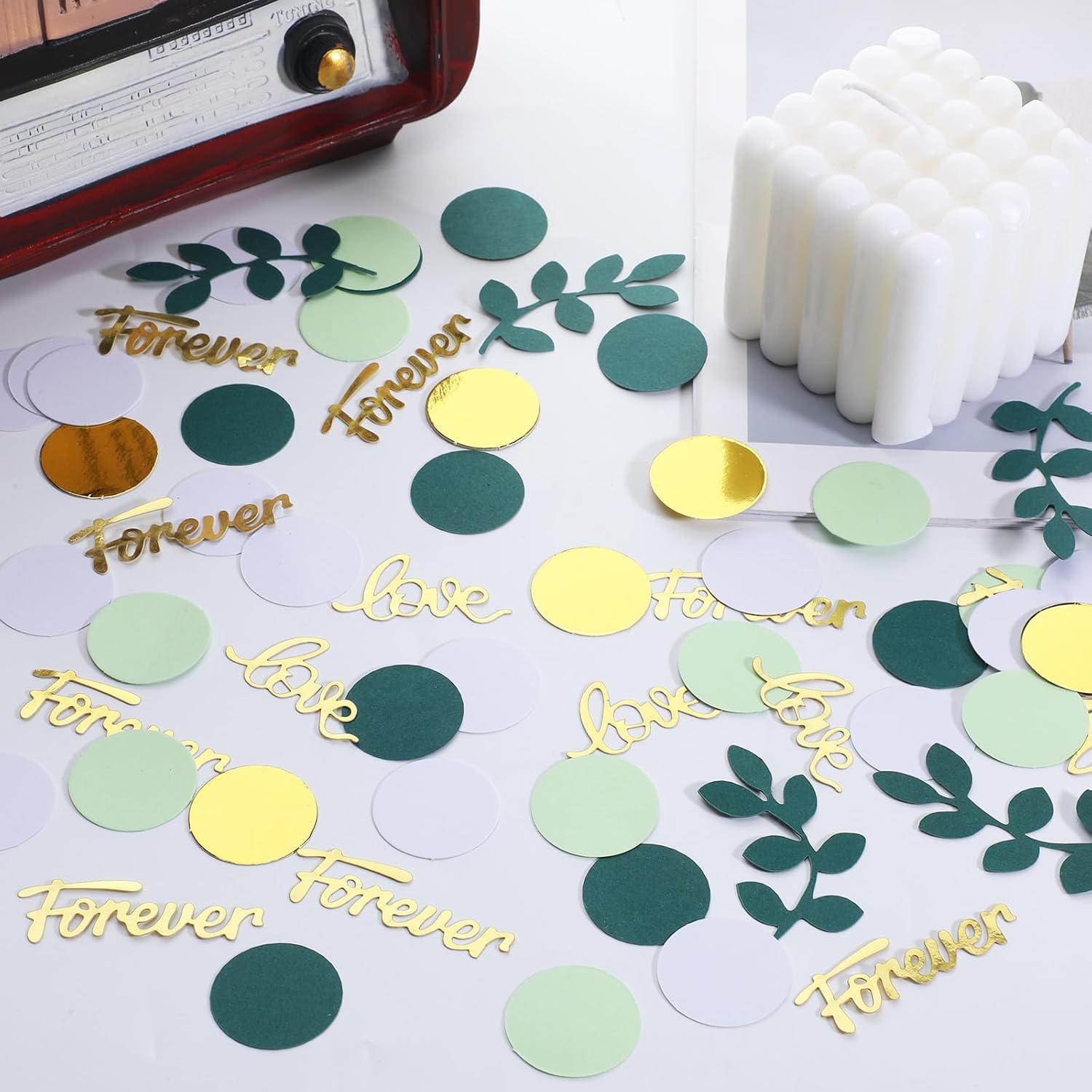 100 PCS Greenery Wedding Table Confetti with Gold Love Forever Letters | Sage Green Wedding Confetti, Bridal Shower Table Decorations for Engagement, Anniversary, Party Decor