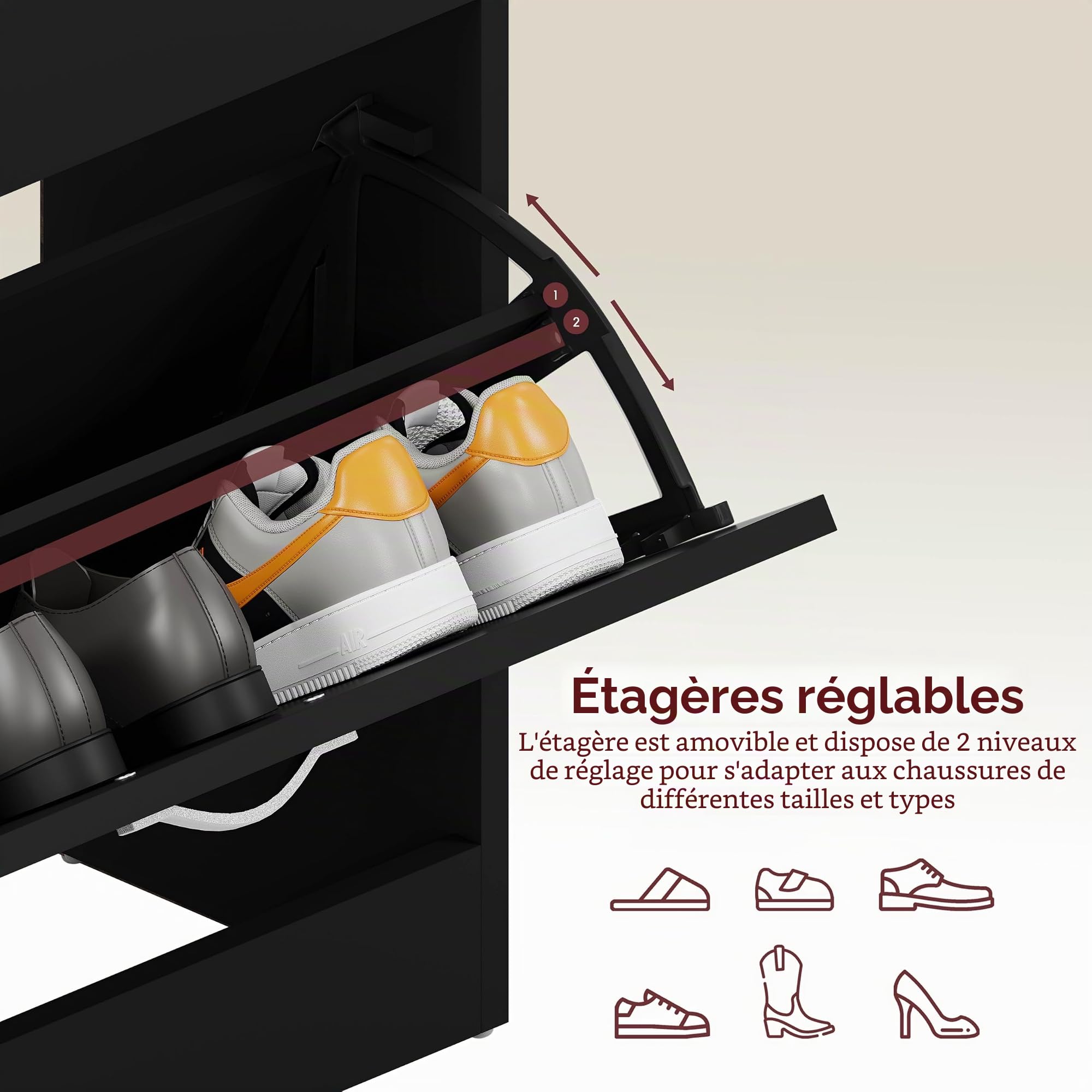 Vida Designs Armoire à Chaussures à 2 tiroirs, Organiseur de Rangement pour Chaussures, Meuble en Bois extractible, Noir | H 80 x L 60 x P 24 cm Environ