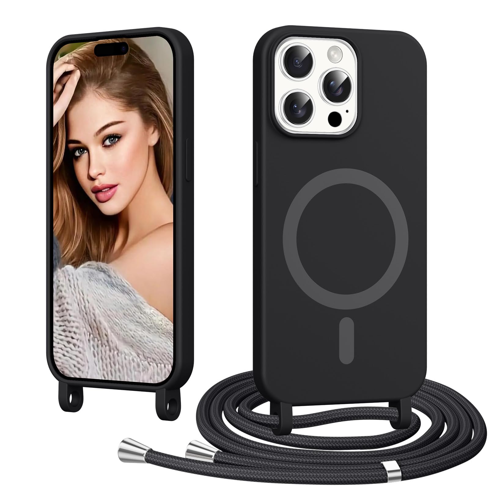 MyGadget Cover per iPhone 14 Pro - Custodia con Corda - Case con Cordino Trasparente Antiurto con Laccio | Tracolla - Practical Stylish - Nero