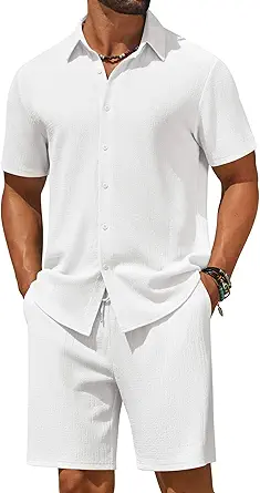 COOFANDY Men's 2 Piece Casual Short Sleeve Shirt and Beach Shorts Set for Summer Vacation
