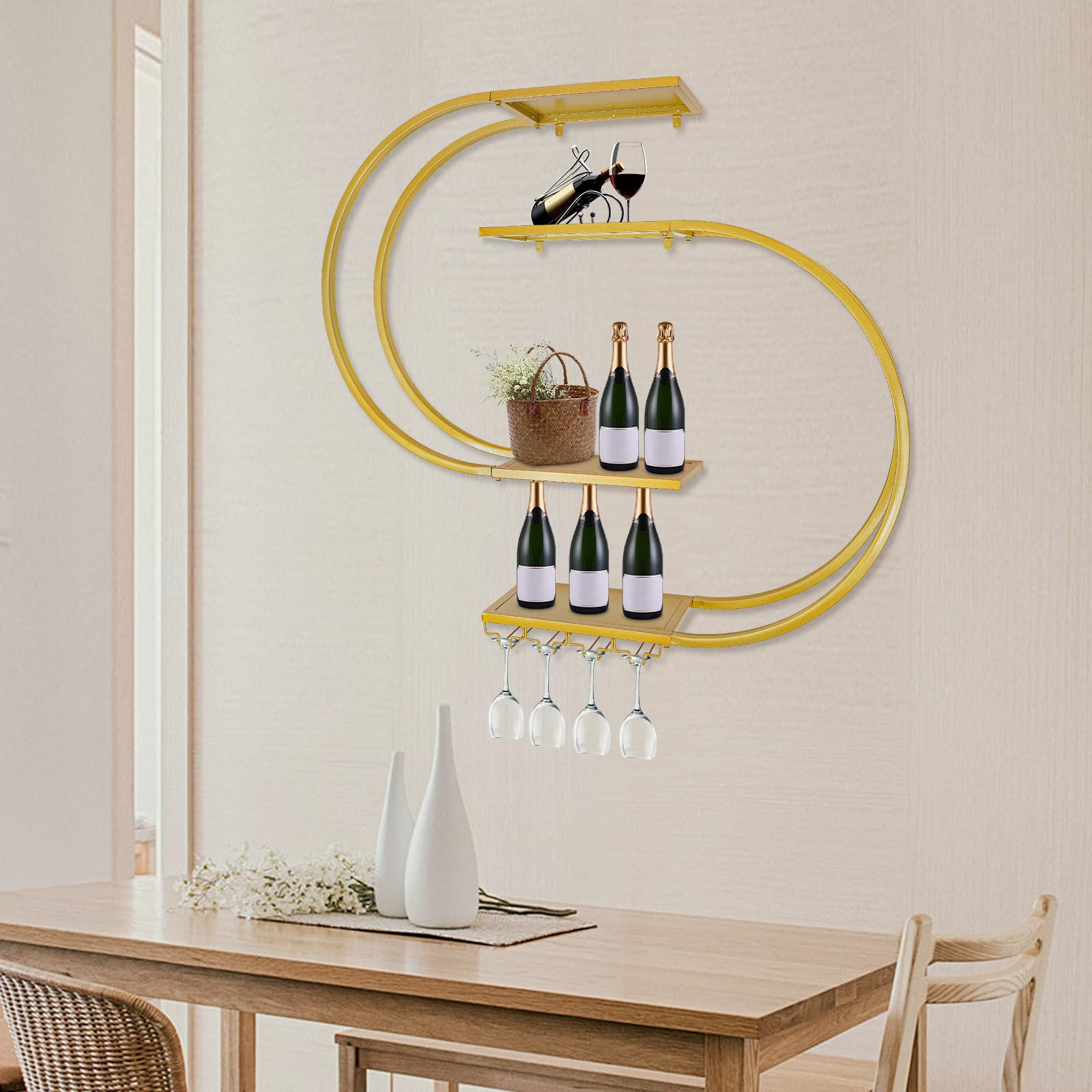 Casier à vin mural doré - Étagère à bouteilles à 4 niveaux avec