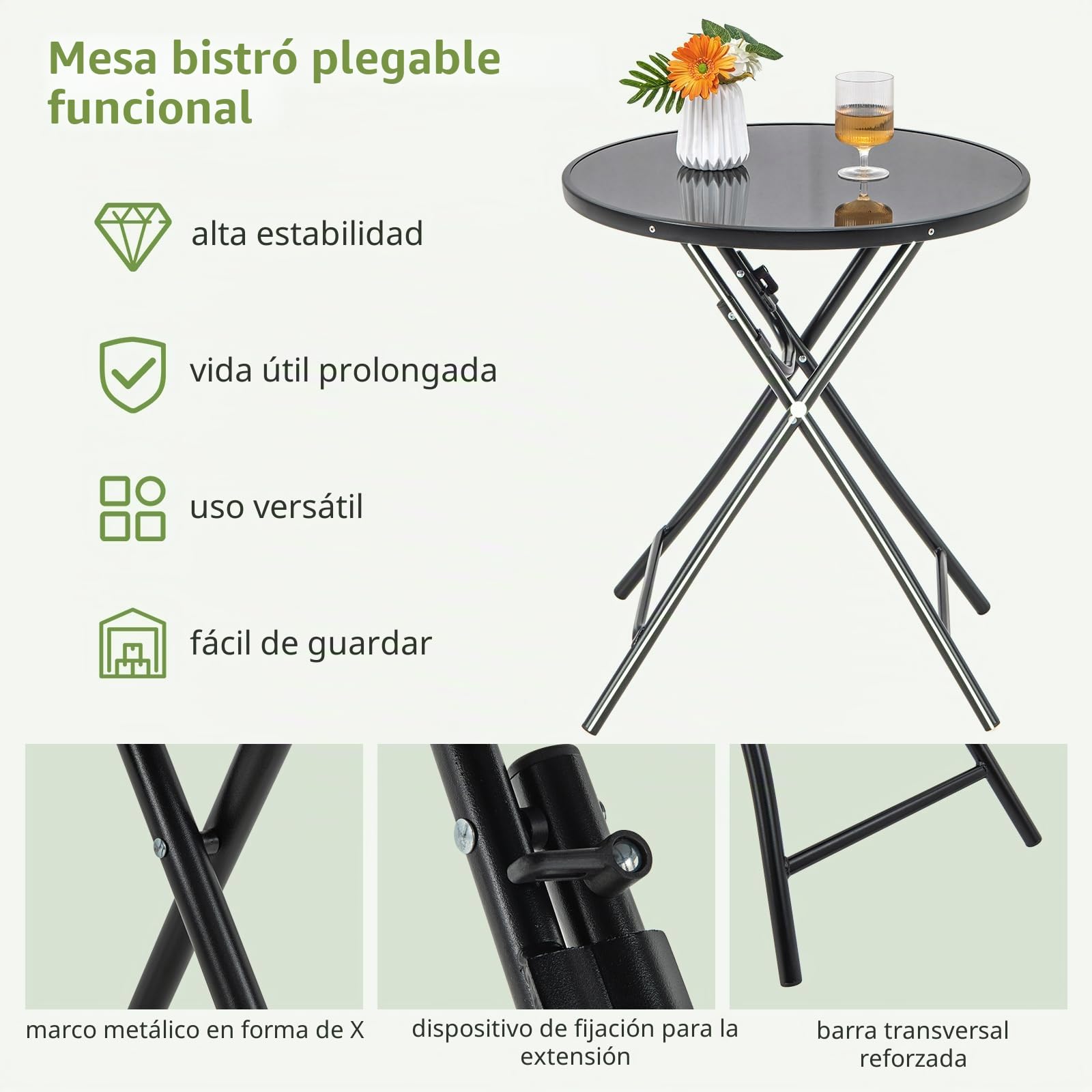 GOPLUS Mesa auxiliar redonda, diámetro de 59 cm, mesa de jardín plegable de metal y cristal templado, mesa de balcón, pequeña resistente a la intemperie, mesa de café, mesa de café, mesa de comedor,