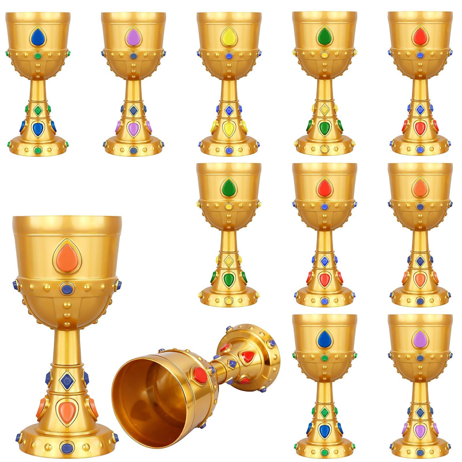 XJGQZ 12 Pack 240ml Plastic Gold Medieval Goblets with Coloured Faux Jewels