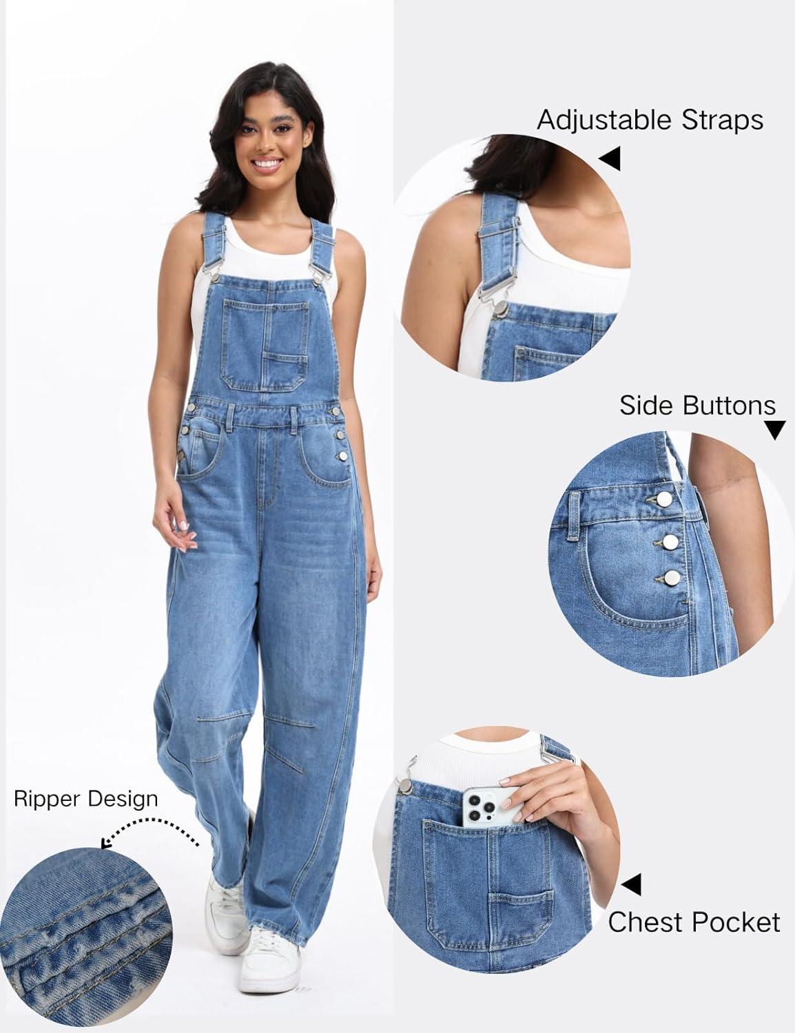 Women's Denim Overalls Wide Leg Jumpsuit Adjustable Strap Loose Fit Barrel Pant Sleeveless Casual Bib Overalls Romper - Image 4