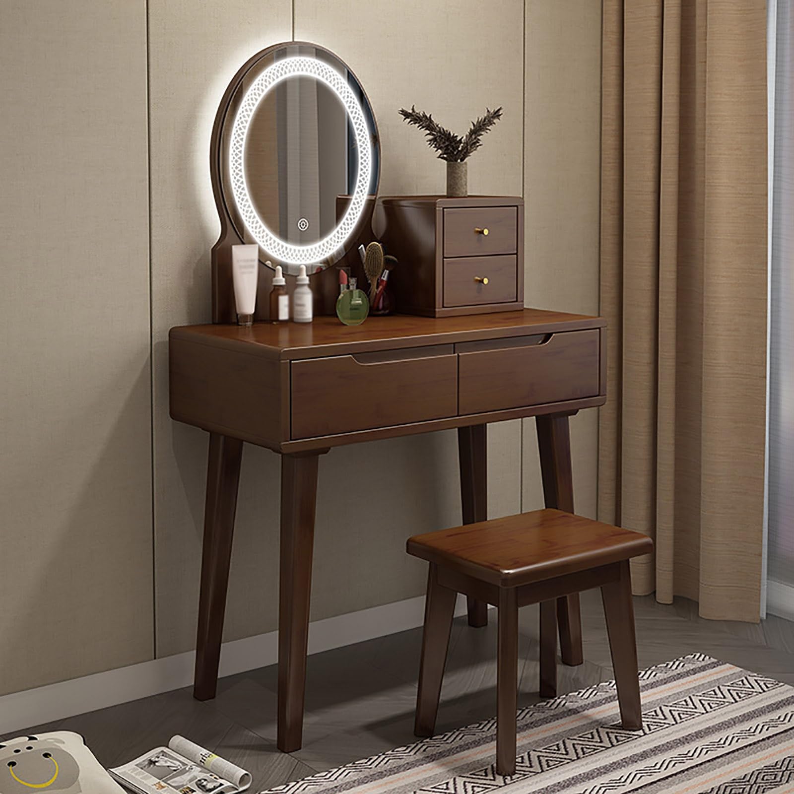 asdchZen Elegant Walnut Dressing Table Set With Mirror & Stool, Makeup Vanity Desk For Bedroom, Durable Furniture, 80Cm Size, Perfect For Beauty & Organization,Walnut Wood Color-80CM