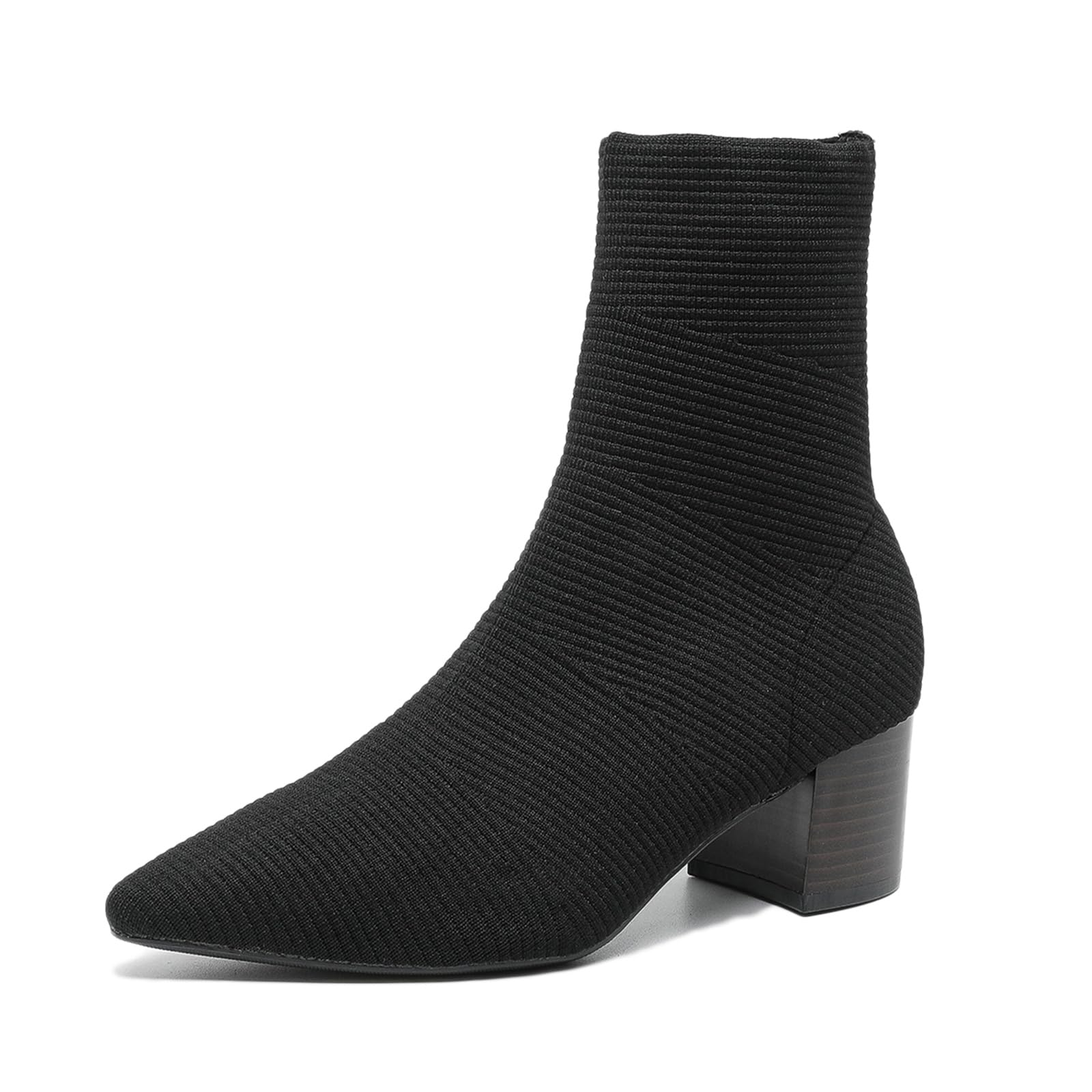 Womens Stacked Heel Dressy Knit Sock Booties Comfy Pointed toe Slip On Chunky Block Heel Elastic Chelsea Ankle