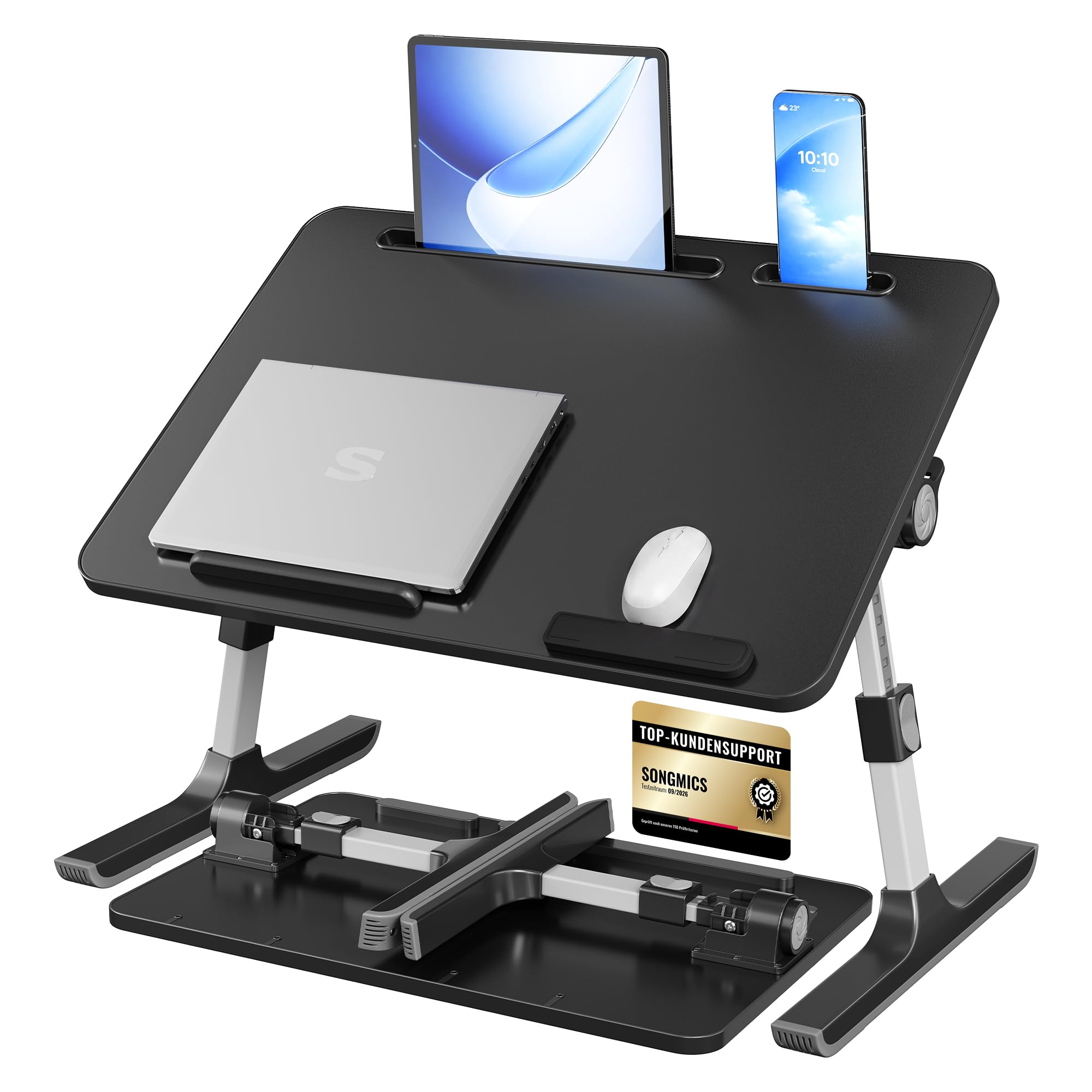 SONGMICS Laptoptisch, Betttisch mit Geräteschlitz, 60 x 40 x 38 cm | Holzspanplatte, Aluminiumlegierung und ABS-Kunststoff, für Schlafzimmer und Wohnzimmer, Schwarz, Barden Kollektion LLD118B101