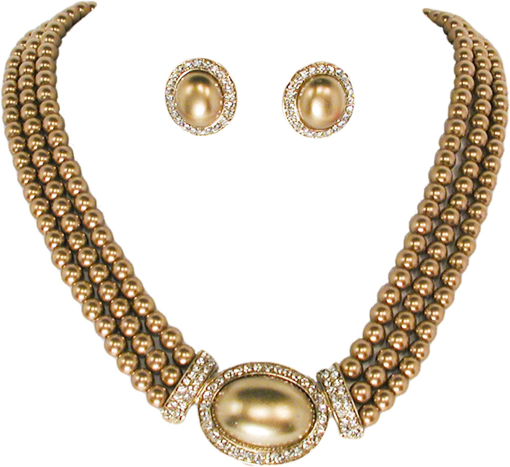 Christina Collection Elegant Multi Layered Strands Golden Brown Pearl Crystal Necklace Clip on Earrings Set Gift Bijoux