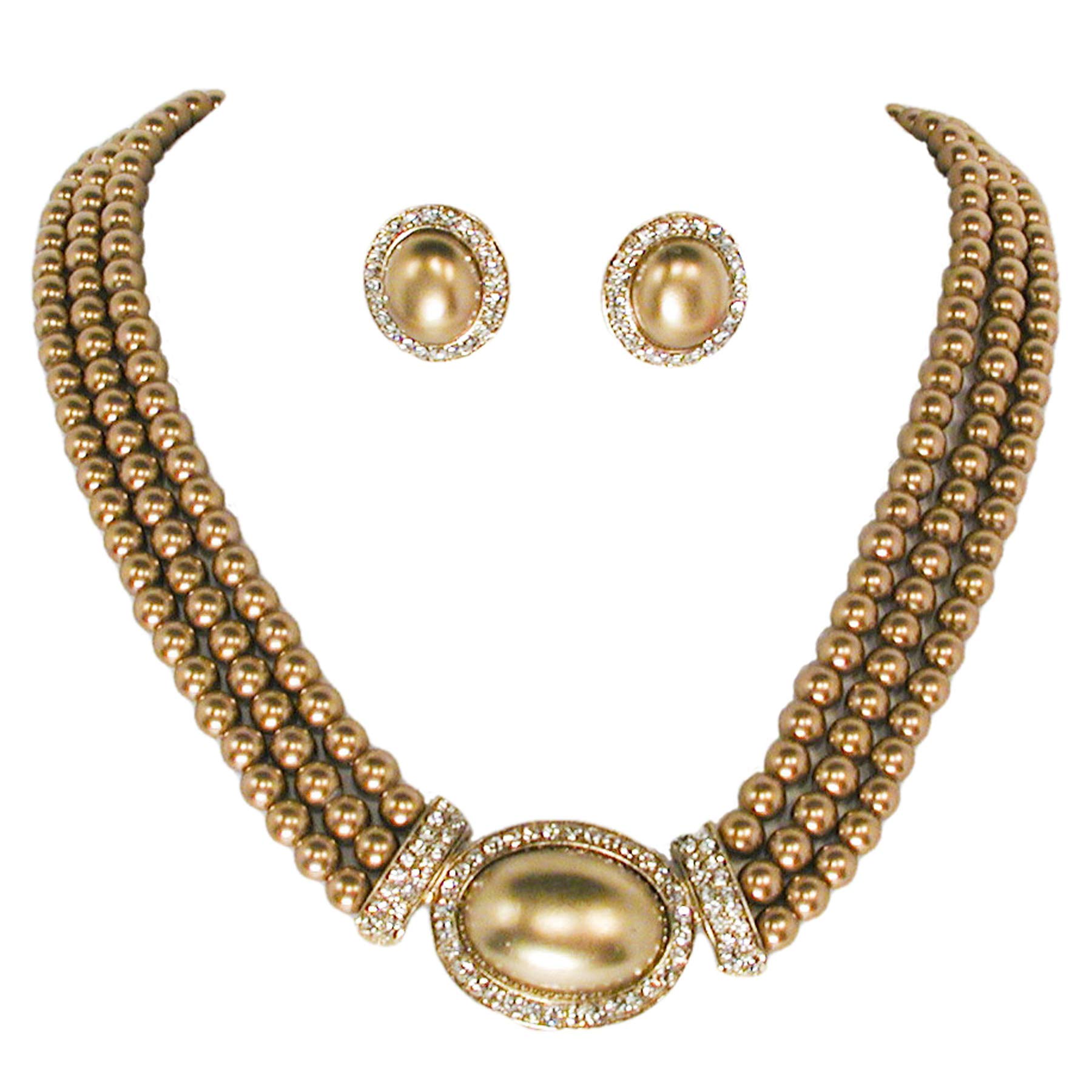Christina Collection Elegant Multi Layered Strands Golden Brown Pearl Crystal Necklace Clip on Earrings Set Gift Bijoux