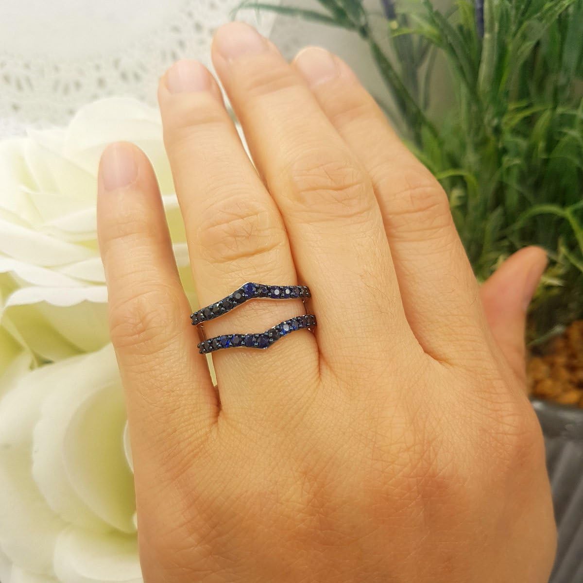 Dazzlingrock Collection Round Blue Sapphire Anniversary Wedding Band Enhancer Guard Double Ring, 14K Solid Gold