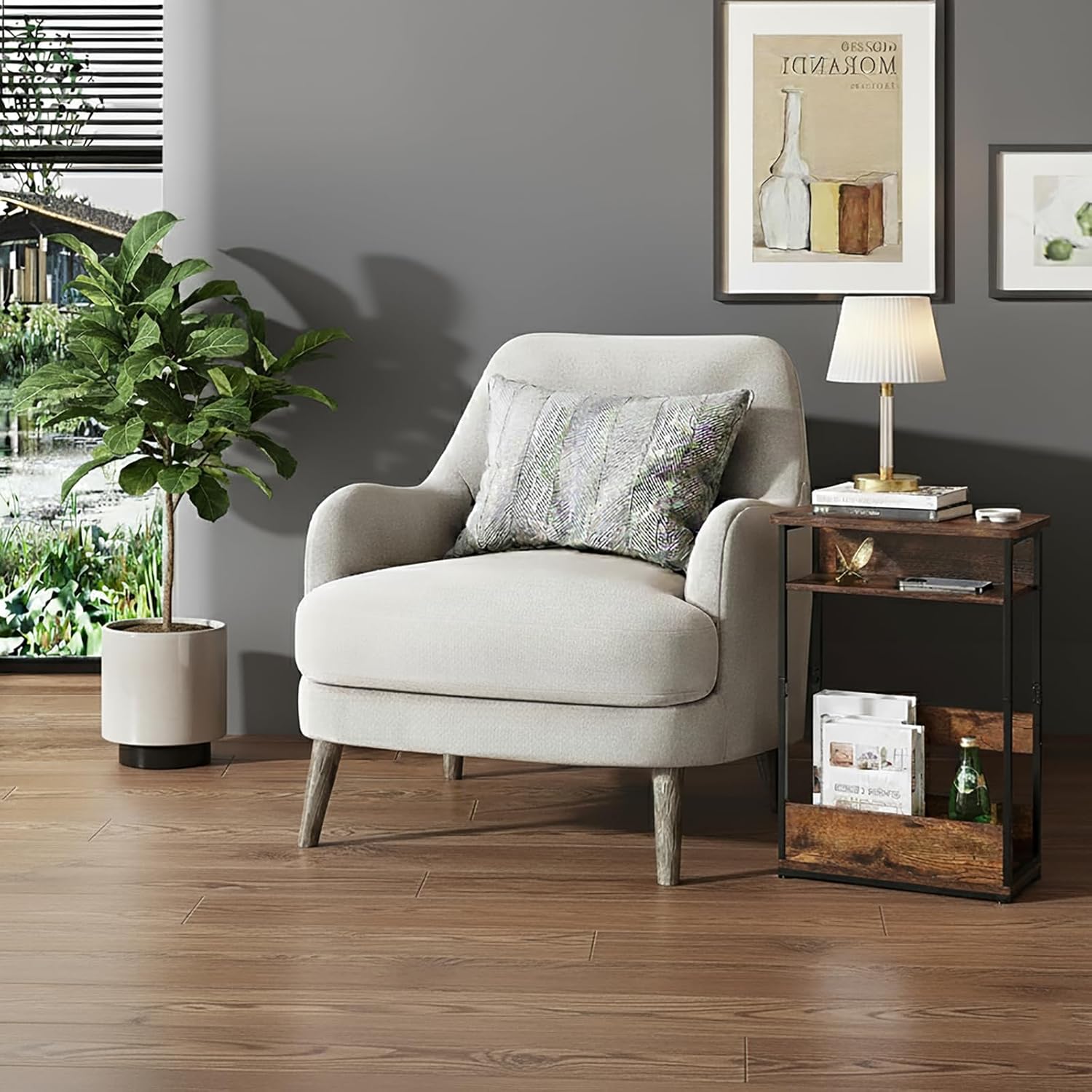 Vintage Narrow Side Table with Storage Shelf, 3 Tier Slim End Table Modern Sofa Table for Narrow and Small Spaces, 24.6 Inch Height Bedside Table Small Nightstand with Magazine Rack/Brown