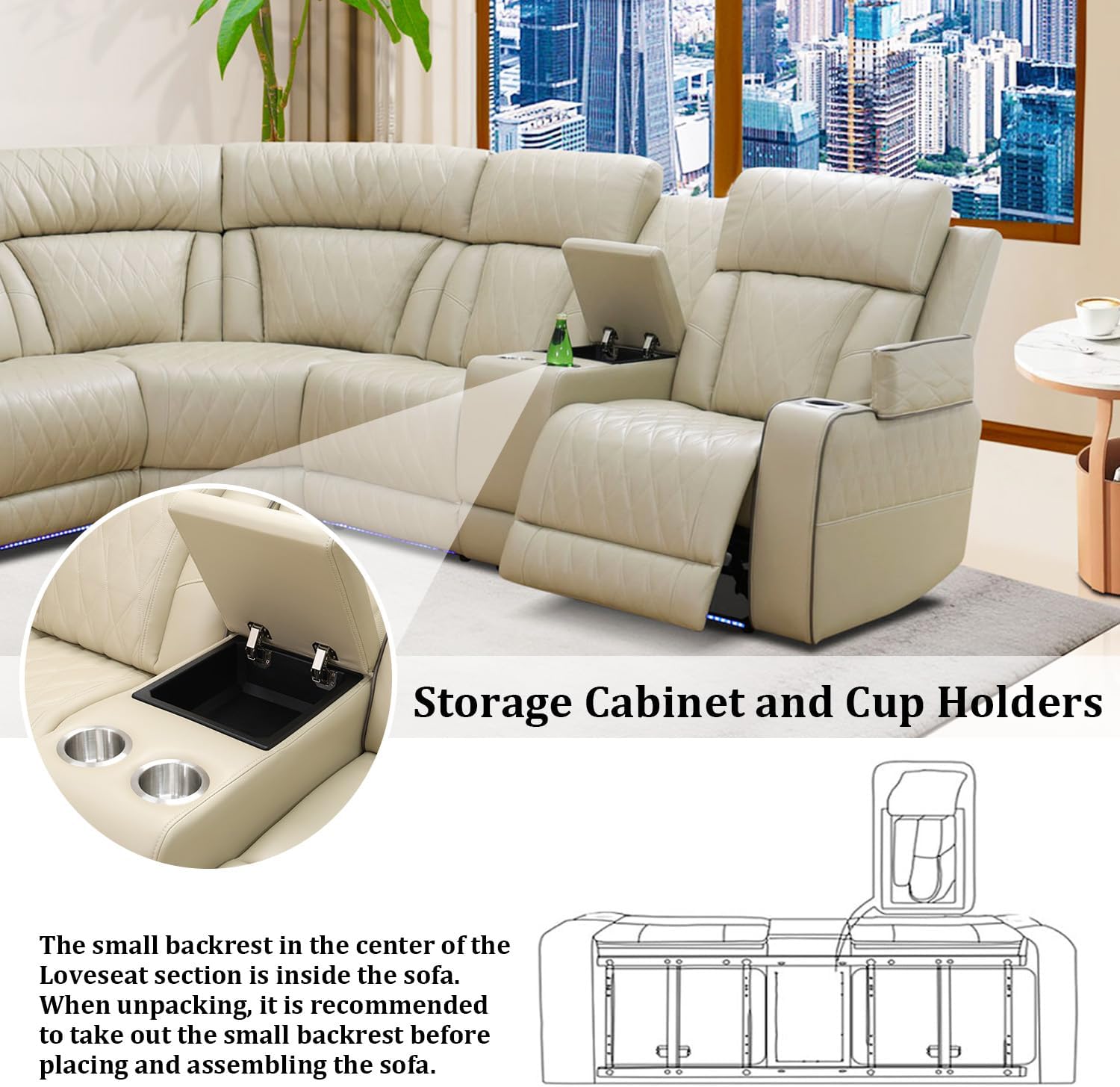 Power Recliner Sectional Sofa with LED Light,Leather Reclining CornerSectional Couch for Living Room,Corner L Shaped Living Room Sofa Set（Beige，Sectional）