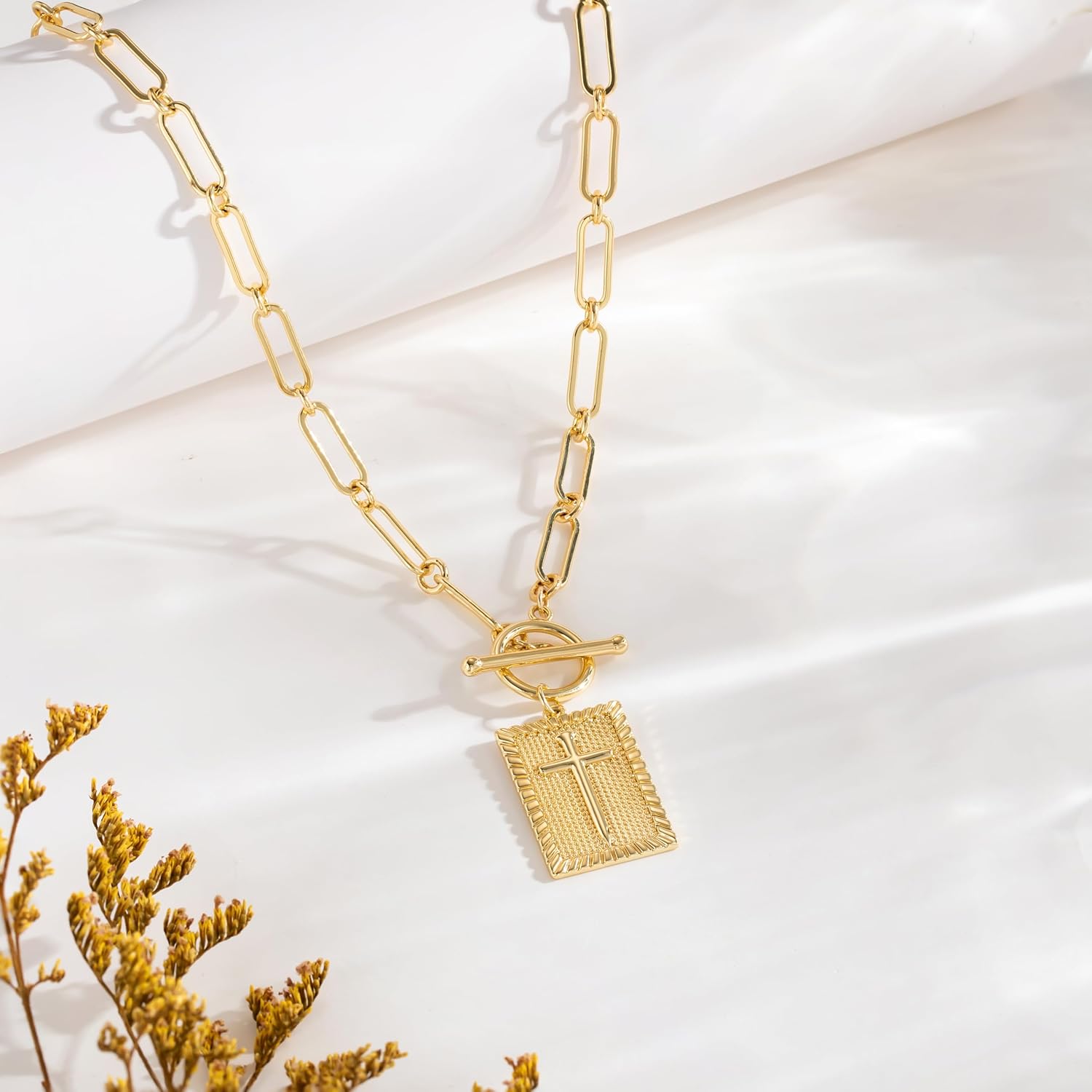 Tewiky 14K Gold Plated/Silver Plated Cross Necklace for Women Trendy Chunky Cross Pendant Necklace Toggle Clasp Paperclip Box Chain Charm Necklaces for Women Jewelry Gift Christian Religious Baptism - Image 8