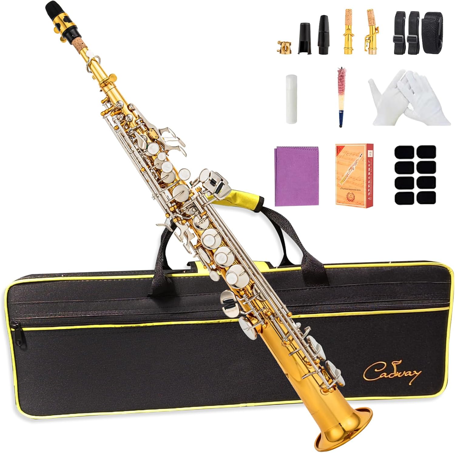 Bb Soprano Saxophone Straight Gold Laquer Sax Instruments for Beginners Students Intermediate Players with Carrying Case,White Gloves.Cleaning kit.neck Strap.Mouthpiece (Gold body nickel bond)