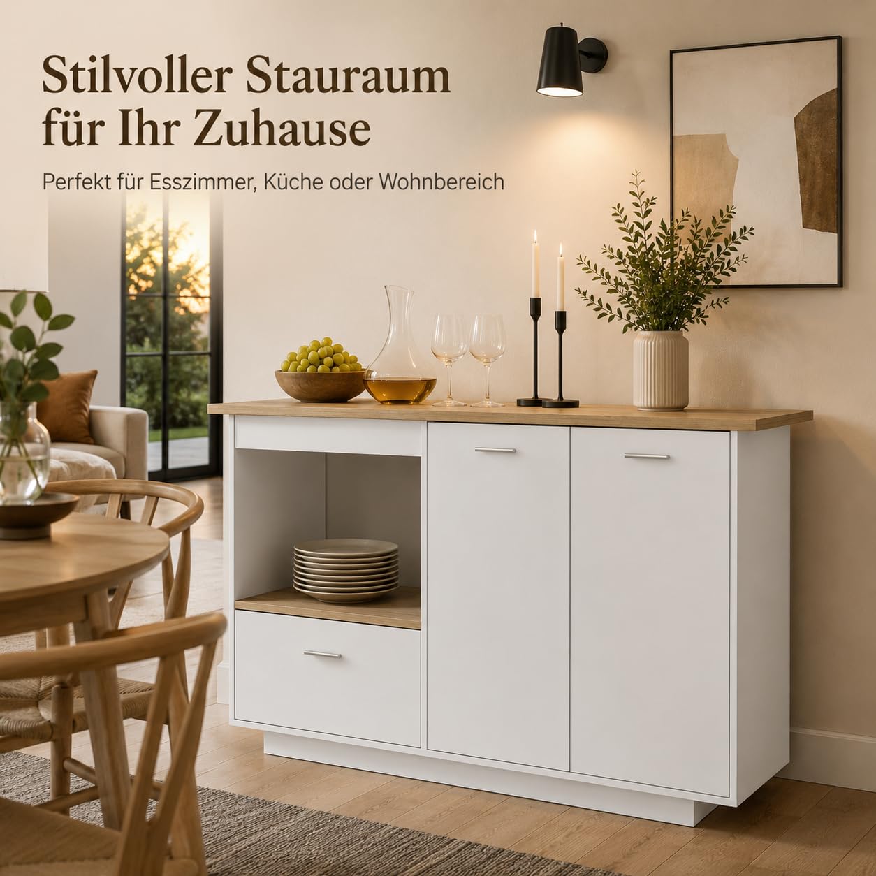 Kücheninsel mit Arbeitsplatte, Küchenschrank mit 1 Schublade, Kücheninsel mit Verstellbare Regale, Buffetschrank, Frühstückstisch, 150 x 91 x 80 cm, MDF, Weiß + Eichenholz