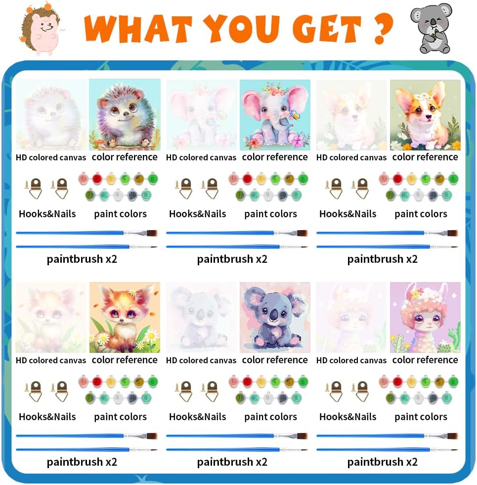 QEUOYSS 4 Paint by Numbers for Kids Ages 8-12 DIY Paint Set for Girls Boys Adults Beginner Crafts for Girls Ages 4-8 Acrylic Oil Painting by Number Kits Perfect for Gift Decor 8"x8" (6 Pack Animal)