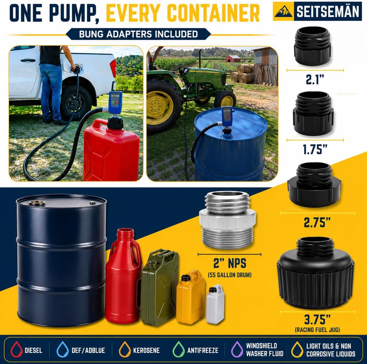 Electric 55 Gallon Drum Pump – Auto Shut-Off Nozzle, DEF Diesel Kerosene Antifreeze, ~3.8 GPM Real Flow, 9.8ft Discharge Hose, 3-in-1 Power, 4 Universal Adapters Included