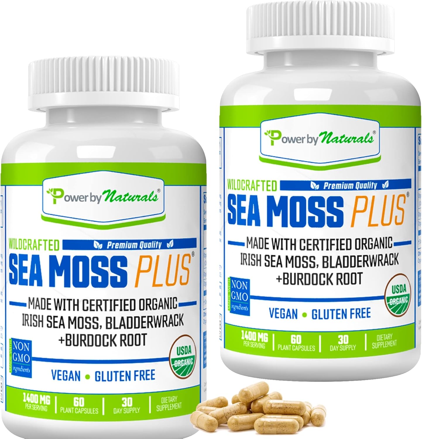 Power by Naturals - Certified Organic Sea Moss Plus - (2-PK) Wildcrafted Irish Sea Moss and Bladderwrack Burdock Root Capsules - Vegan Seamoss Pills for Cell Health - No Filler- Pure Sea Moss Capsules