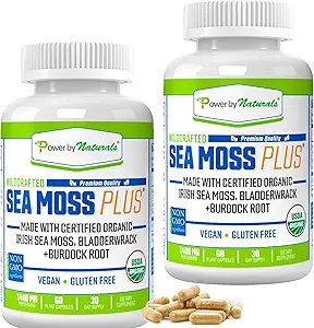 Power by Naturals - Certified Organic Sea Moss Plus - (2-PK) Wildcrafted Irish Sea Moss and Bladderwrack Burdock Root Capsules - Vegan Seamoss Pills for Cell Health - No Filler- Pure Sea Moss Capsules