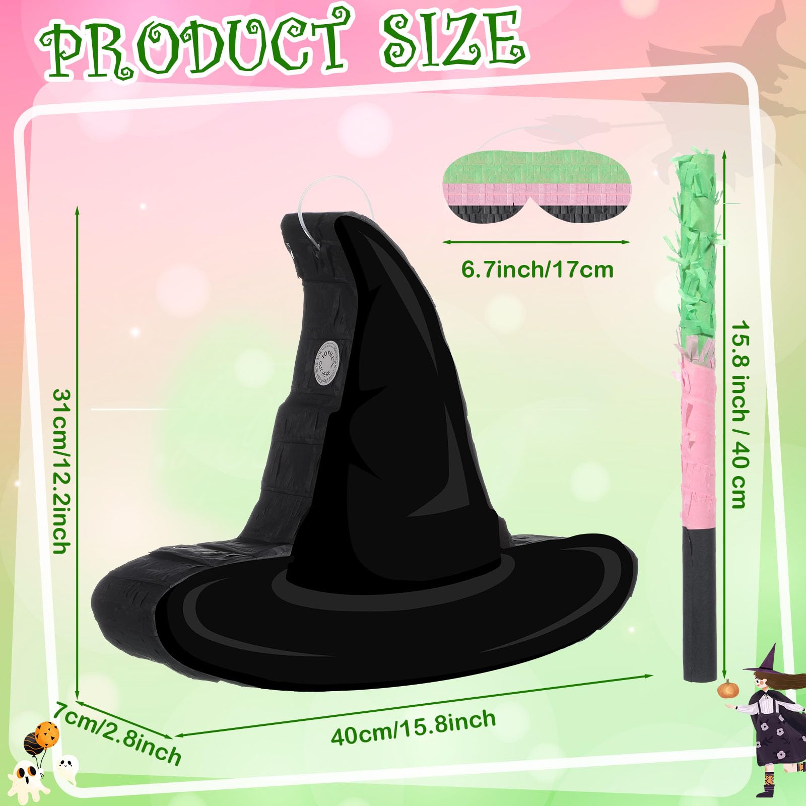 Kasyat Witch Hat Piñata Green and Pink Party Game Set Witch Theme Piñata with Bat Stick Blindfold Mask Pink Green and Black Party Decor for Theme Birthday Baby Shower Game Supplies Decor (Witch Hat)