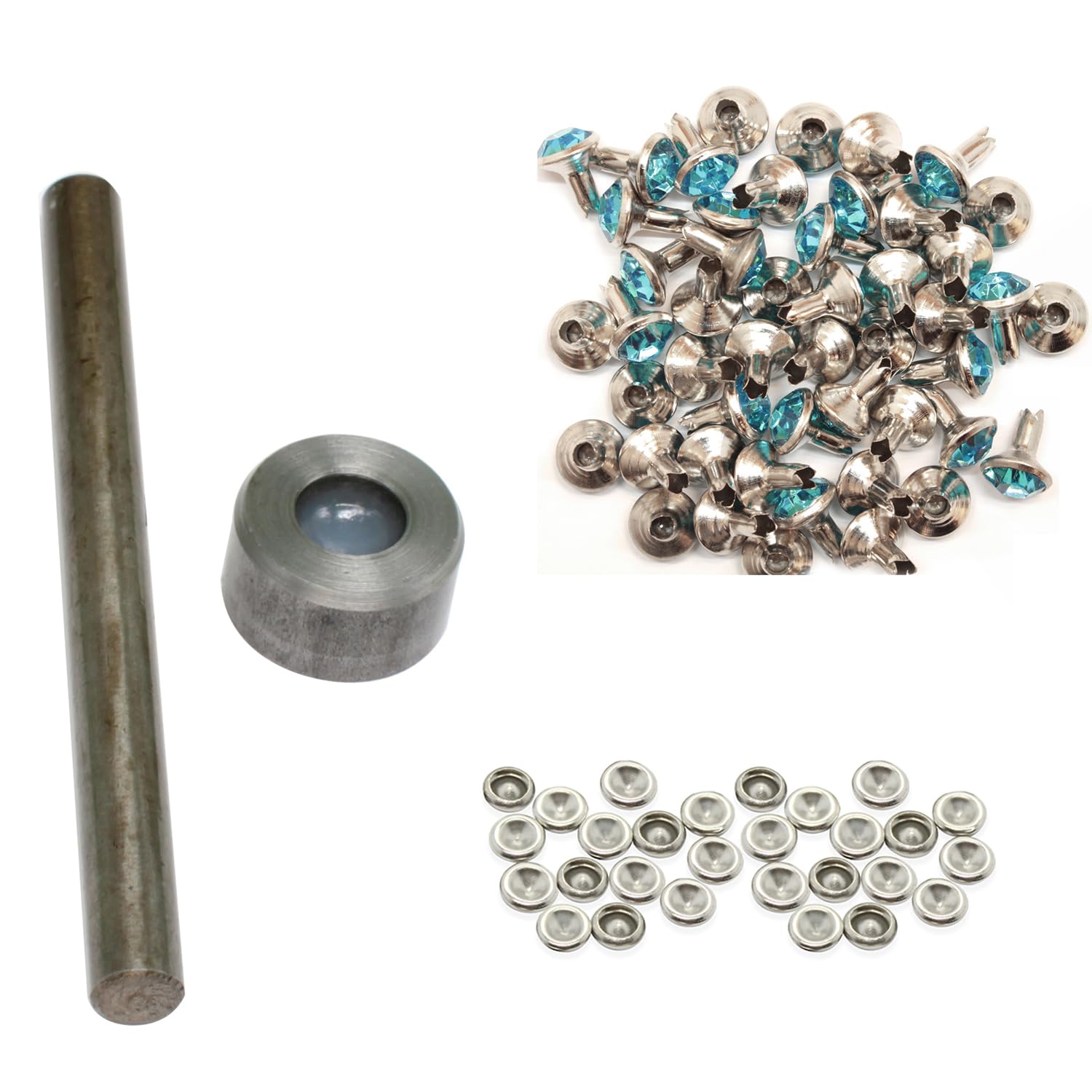 Trimming Shop 8mm Turquoise Acrylic Rhinestone Diamante Rivet Studs with Setting Hand Tools For Fashion Accessory, Leather Crafts, Belts, Bags, Shoe, Dog Straps, 50pcs