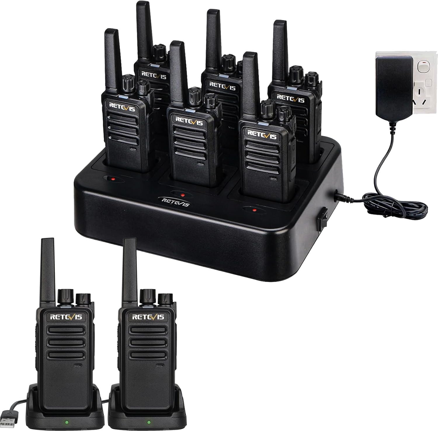 Retevis RT68 Rechargeable Two Way Radios 6 Pack with Six-Way Multi Gang Charger, Bundle with 2 Pack Heavy Duty Walkie Talkie for Adults