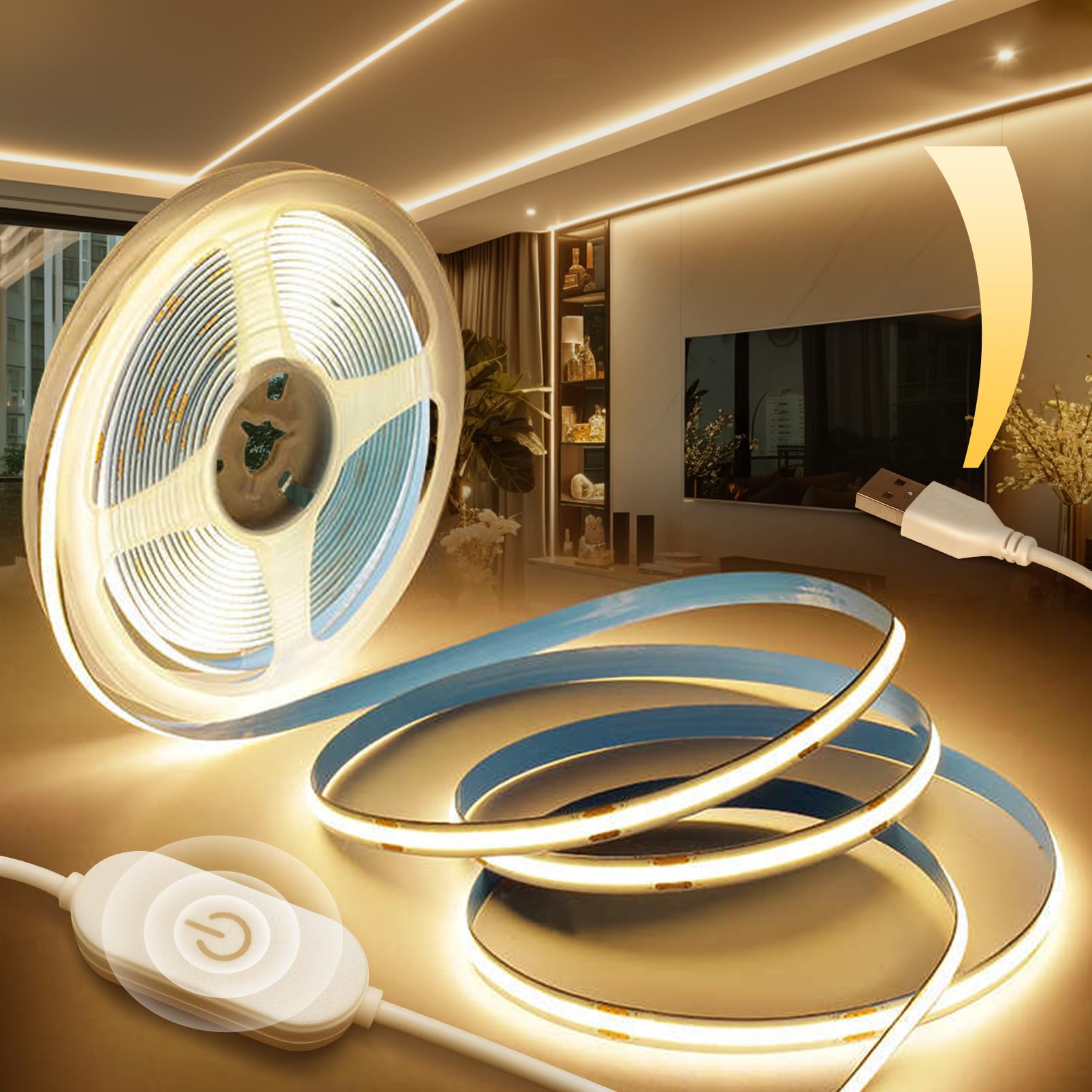 BRIMETI USB 5V COB LED Streifen Dimmbar 2M Selbstklebend 320LEDs/M Warmweiss 3000K, TV Beleuchtung LED Strip Lights CRI90+ Flexibel Lichtband, für Schlafzimmer, Spiegel Dekoration Küche