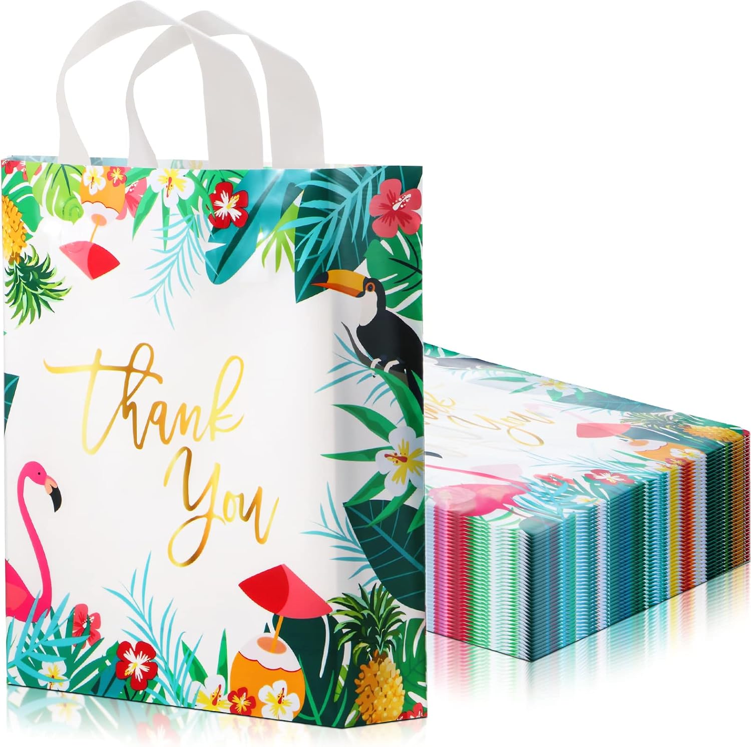 Weewooday 50 Pcs Hawaiian Luau Thank You Gift Bags with Handles Summer Tropical Flamingo Plastic Party Favor Bags Aloha Palm Leaves for Candy Treat Summer Birthday Party Supplies, 11.8 x 12.6 Inch