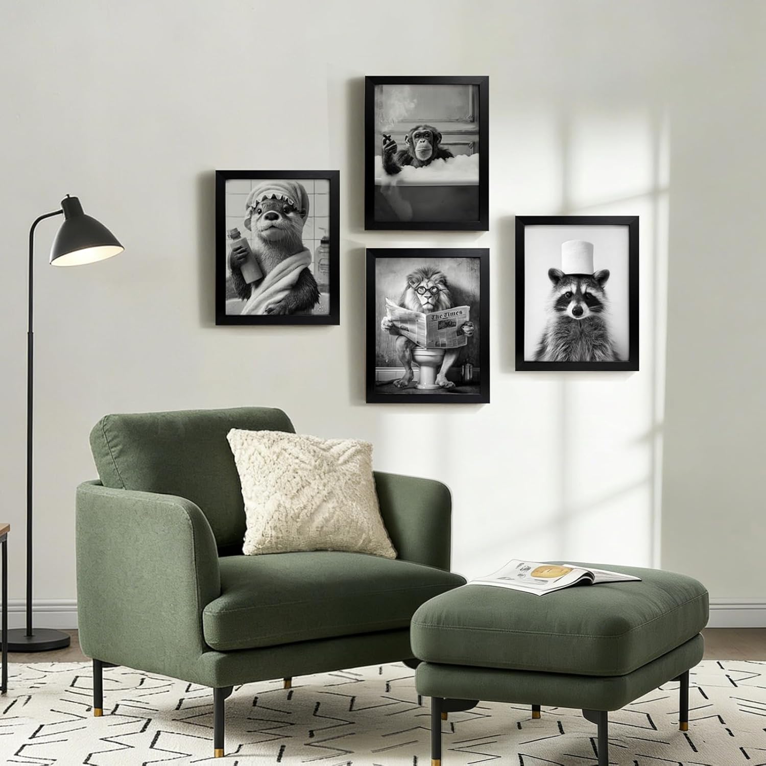 Zessonic Funny Animals Wall Art, 4 Pieces Black and White Wall Decor, Cute Animals Framed Pictures Wall Painting, Funny Bathroom Sign Artwork, Raccoon Prints Home Decor, 8x10inch
