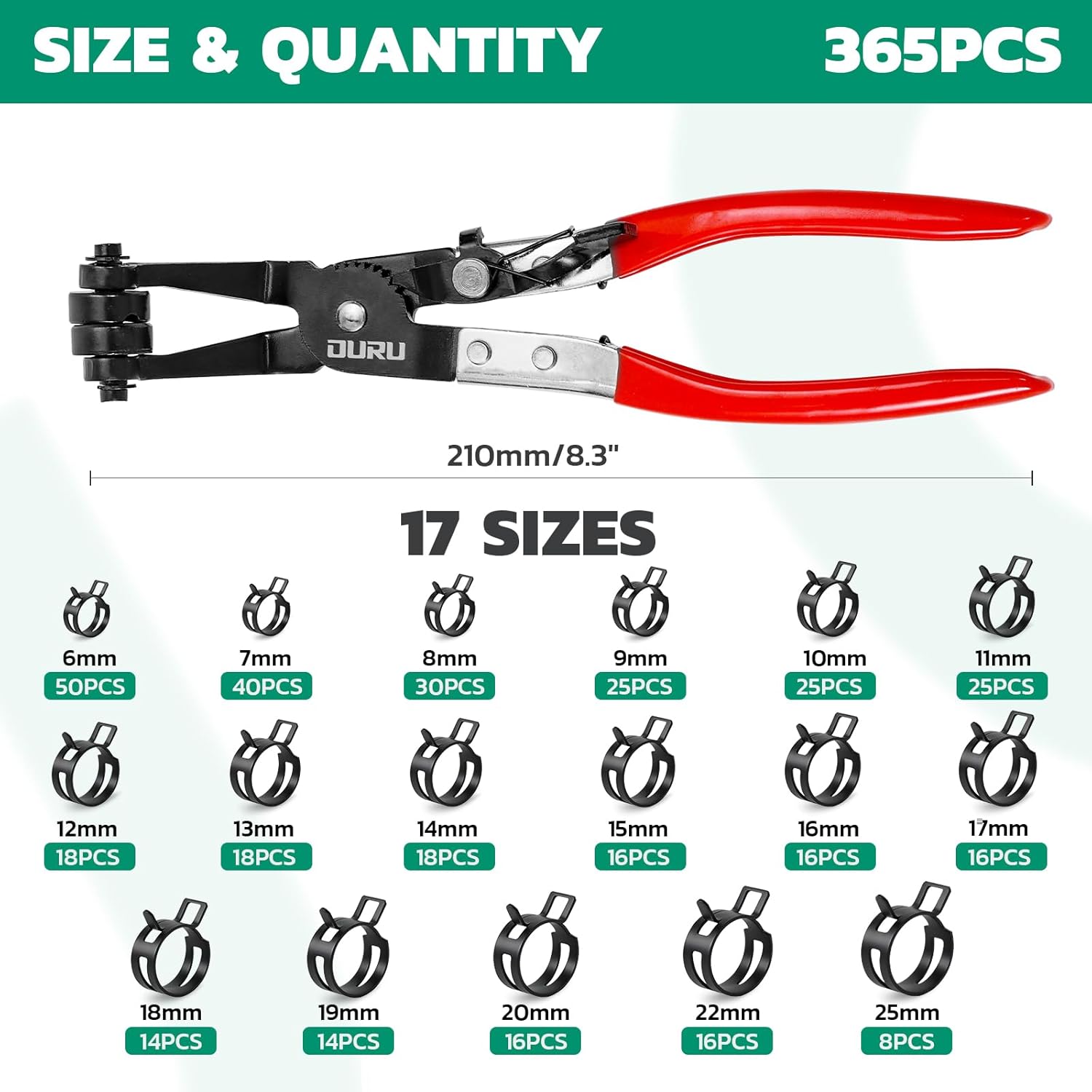365PCS 6-25mm Spring Band Hose Clamps Assortment kit with Hose Clamp Plier, Constant Tension Hose Clamps for Fuel Lines, Silicone Vacuum Hoses, Water Pipe, Low-Pressure Air Clips