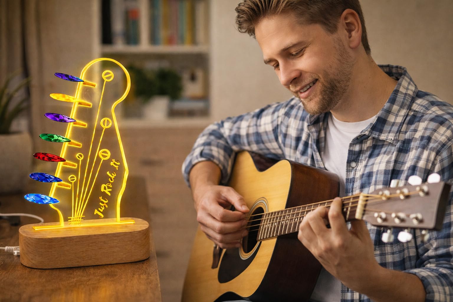 Podświetlany uchwyt na kostki gitarowe z 6 kostkami gitarowymi – akrylowy i bukowy stojak na kostki gitarowe, przechowywanie akcesoriów gitarowych, fajne prezenty gitarowe, akcesoria muzyczne