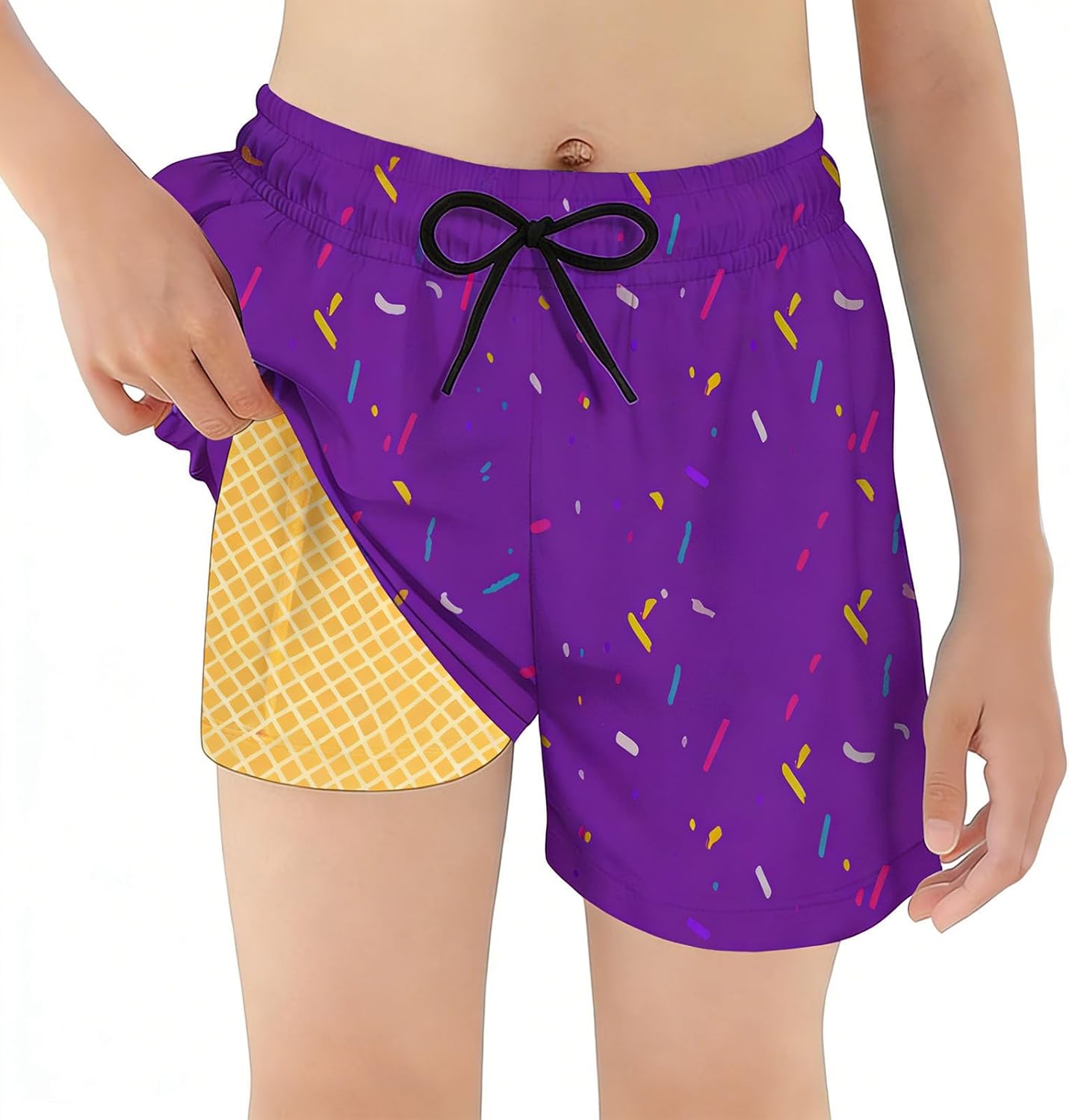 Boys Swim Trunks with Compression Liner Casual Ice Cream Print Bathing Suit for Kids Summer Swim Shorts 2-14 Years