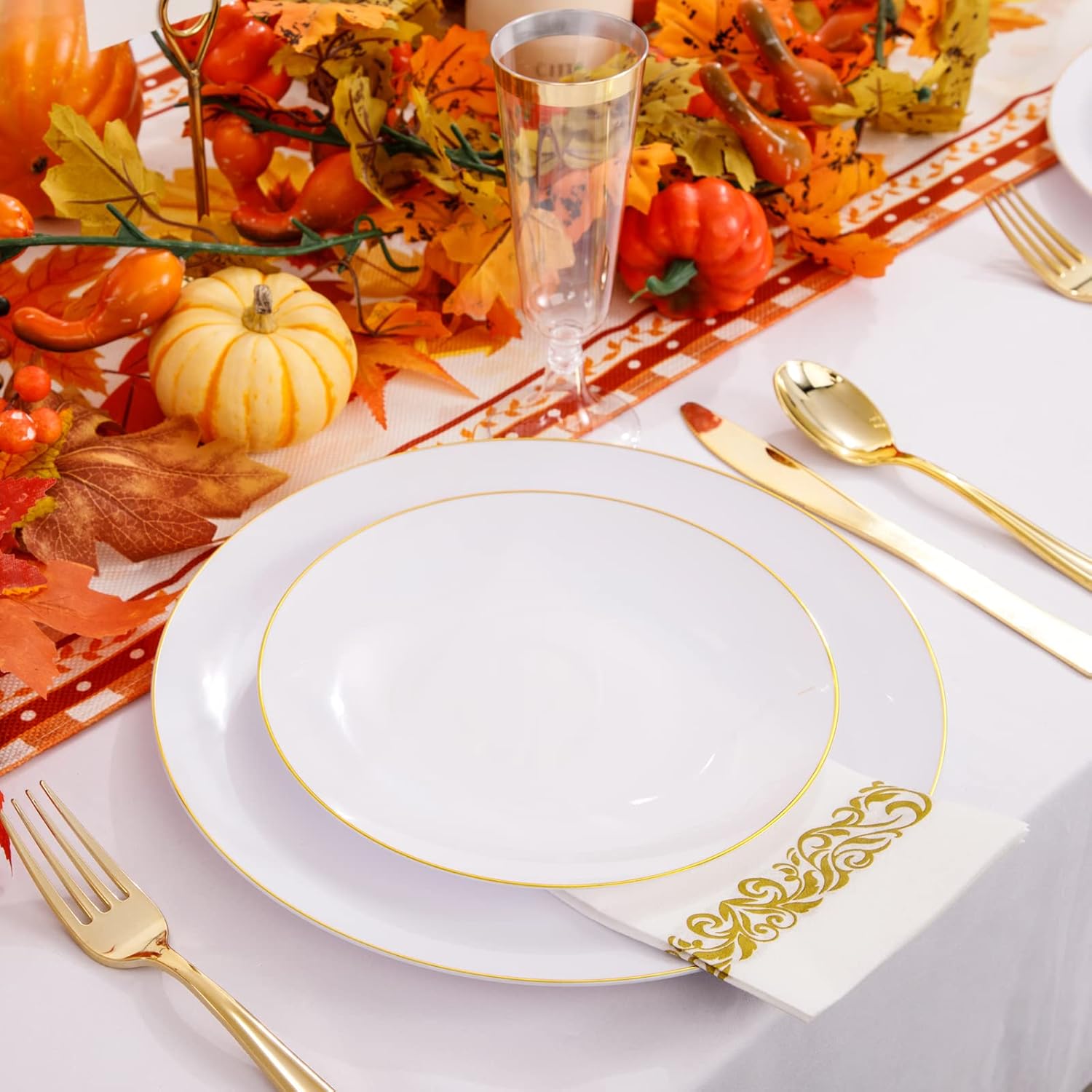 Liacere 175PCS White and Gold Plastic Plates - Gold Plate Include 50Plastic Plates, 25Forks, 25Spoons, 25Knives, 25Napkins, 25Champagne Flutes Plastic for Party & Wedding & Christmas & New Year