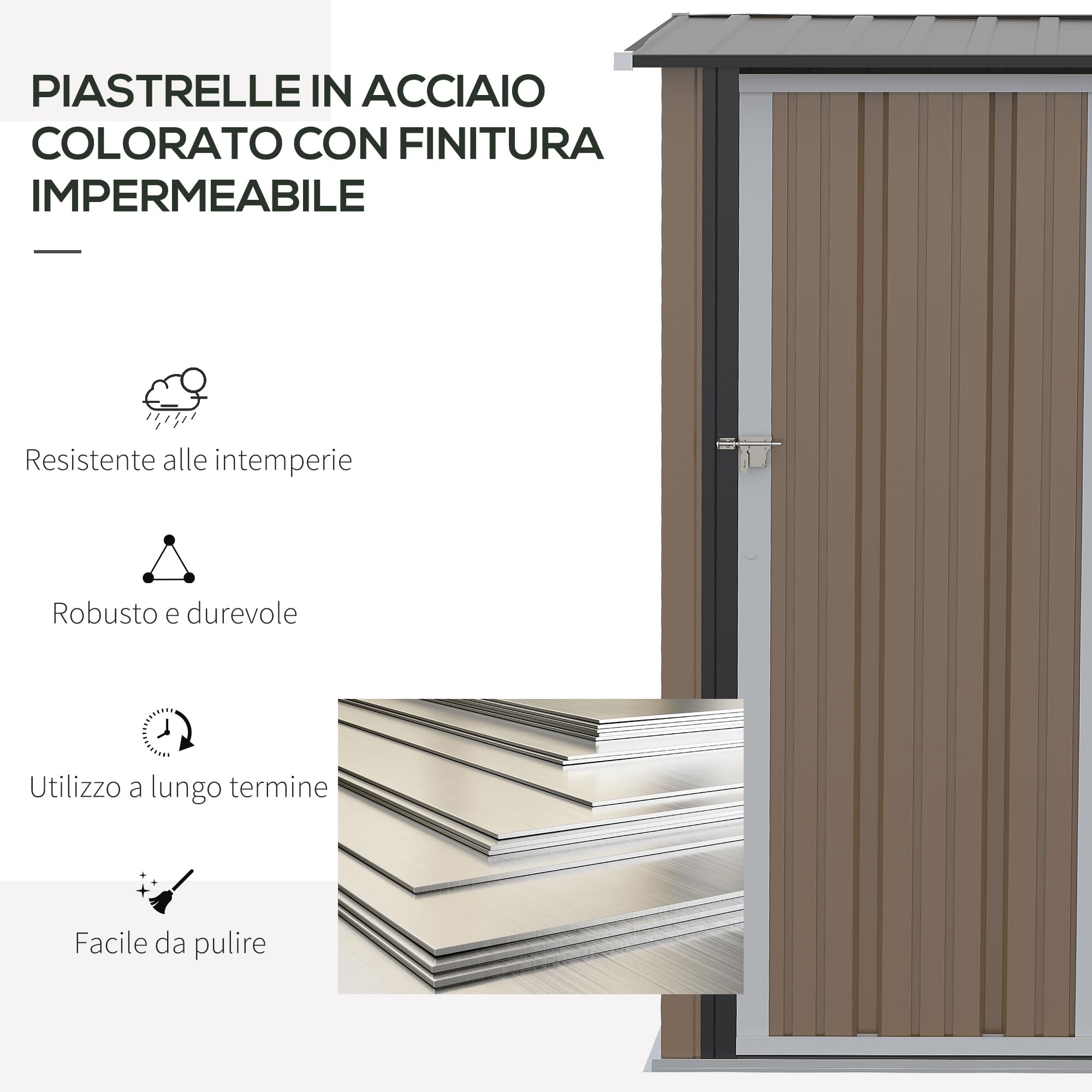 Outsunny Casetta da Giardino Porta Utensili in Lamiera di Acciaio 142x84x189cm Marrone