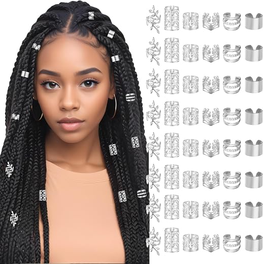 60Pcs Silver Hair Accessories For Braids, 6 Styles Hair Cuffs Adjustable Braid Jewelry Clips Loc Dreadlock Accessories for...