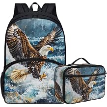 Cute Animal Backpack Set for Girls Boys 17 Inch Illustration Art Stormy Sea Bald Eagle Backpack with Lunch Box for Kids Elementary Student Padded Back Lightweight School Bag Blue Bookbag