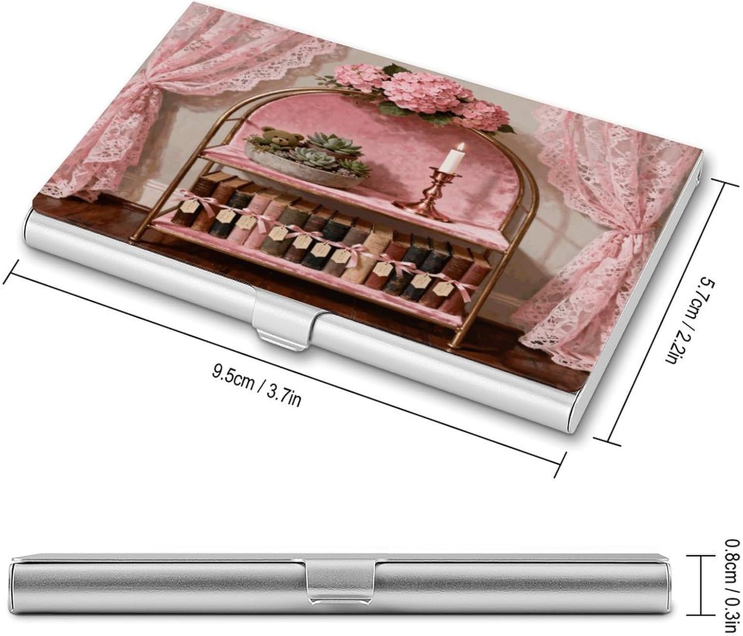 Floral Bookshelf Retro Pink Business Card Case Mini Aluminum Wallet Portable Pocket Card Holder Travel Name Cards Holder Wallet for Men & Women