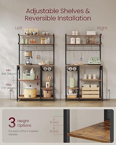 Miniatura 23 de VASAGLE Estante para panadero, soporte para microondas, estante de almacenamiento de cocina con cesta de alambre, 6 ganchos y estantes, para Marrón