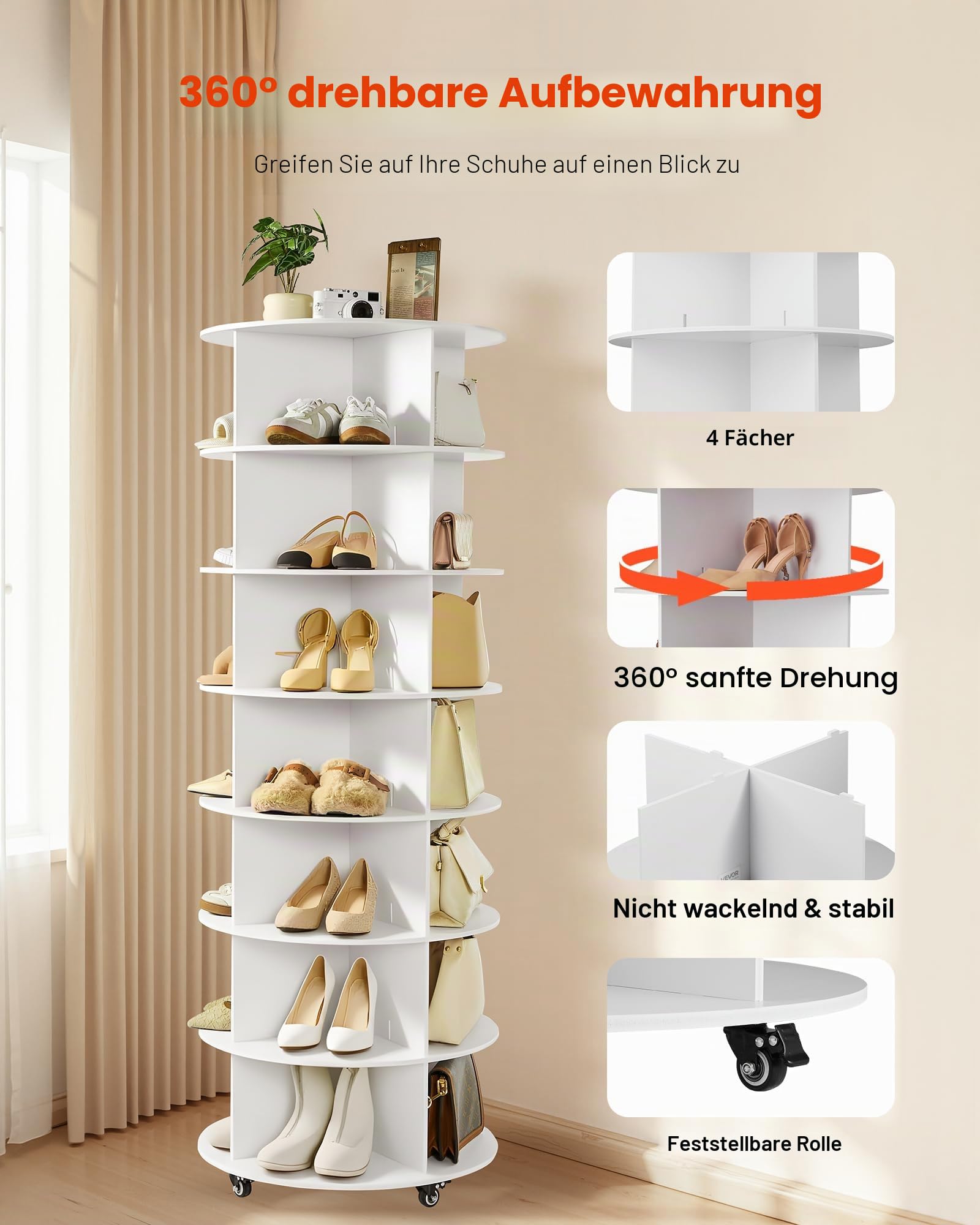 VEVOR Schuhregal Schuhschrank für 28 Paar Schuhe (7-stöckig) 360° drehbar, Schuhaufbewahrung mit Rollen, Schuhablage für Schlafzimmer Wohnzimmer Eingangsbereich, Weiß 598 x 598 x 1670 mm