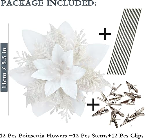 Miniatura 115 de GREENTIME 12 flores de Pascua artificiales azules con purpurina de 5.5 pulgadas, flores de Navidad con clips, tallos de Navidad, adornos para árbol