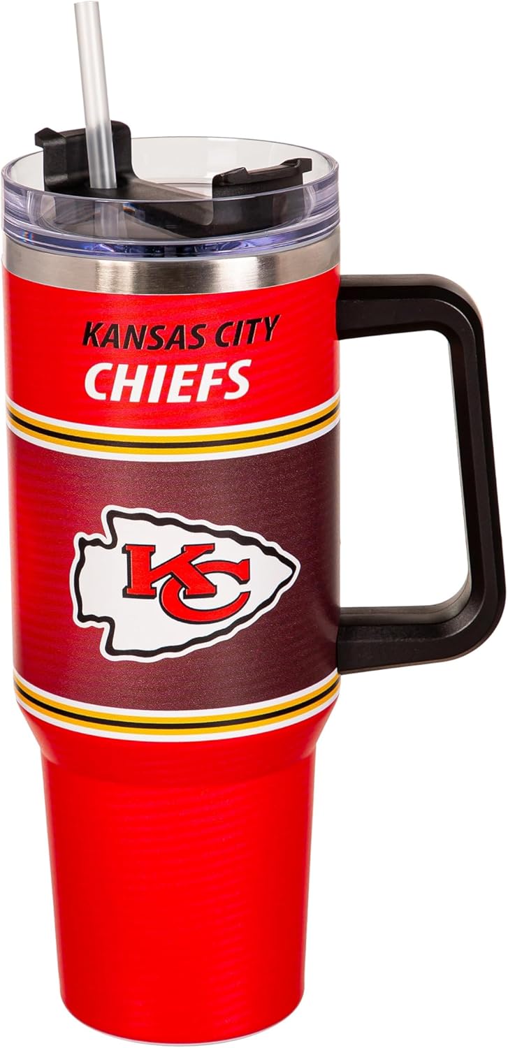 NFL Kansas City Chiefs Stainless Steel Tumbler with Handle and Straw, 40oz Double Wall Insulated Cup with Lid, BPA-Free Water Bottle, Officially Licensed Football Travel Mug for coffee, tea